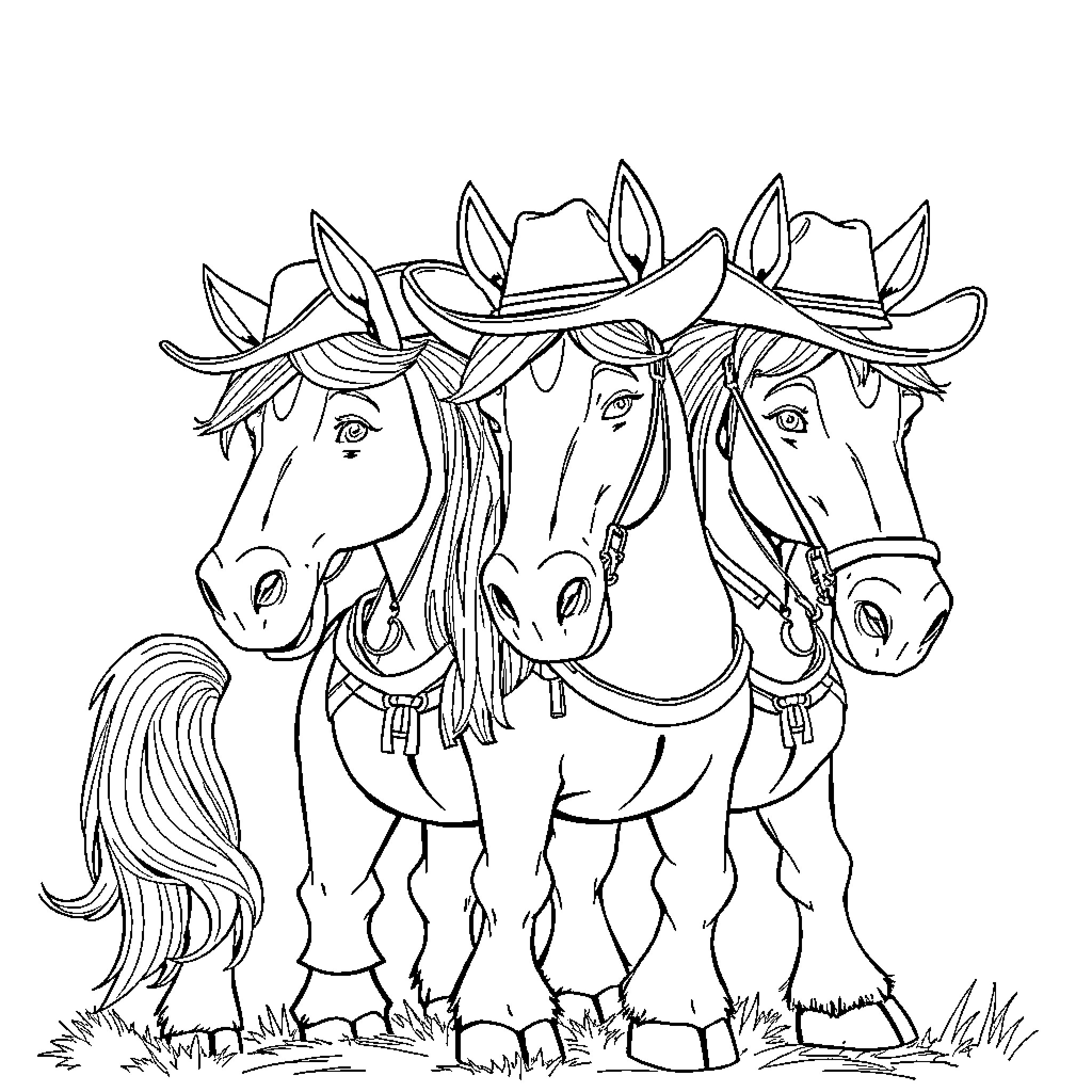 Troll Trio of Cowboy Horses Coloring Page (free black-and-white line drawing printable PDF for all, from beginners to advanced learners, including children, teens, adults, and seniors)