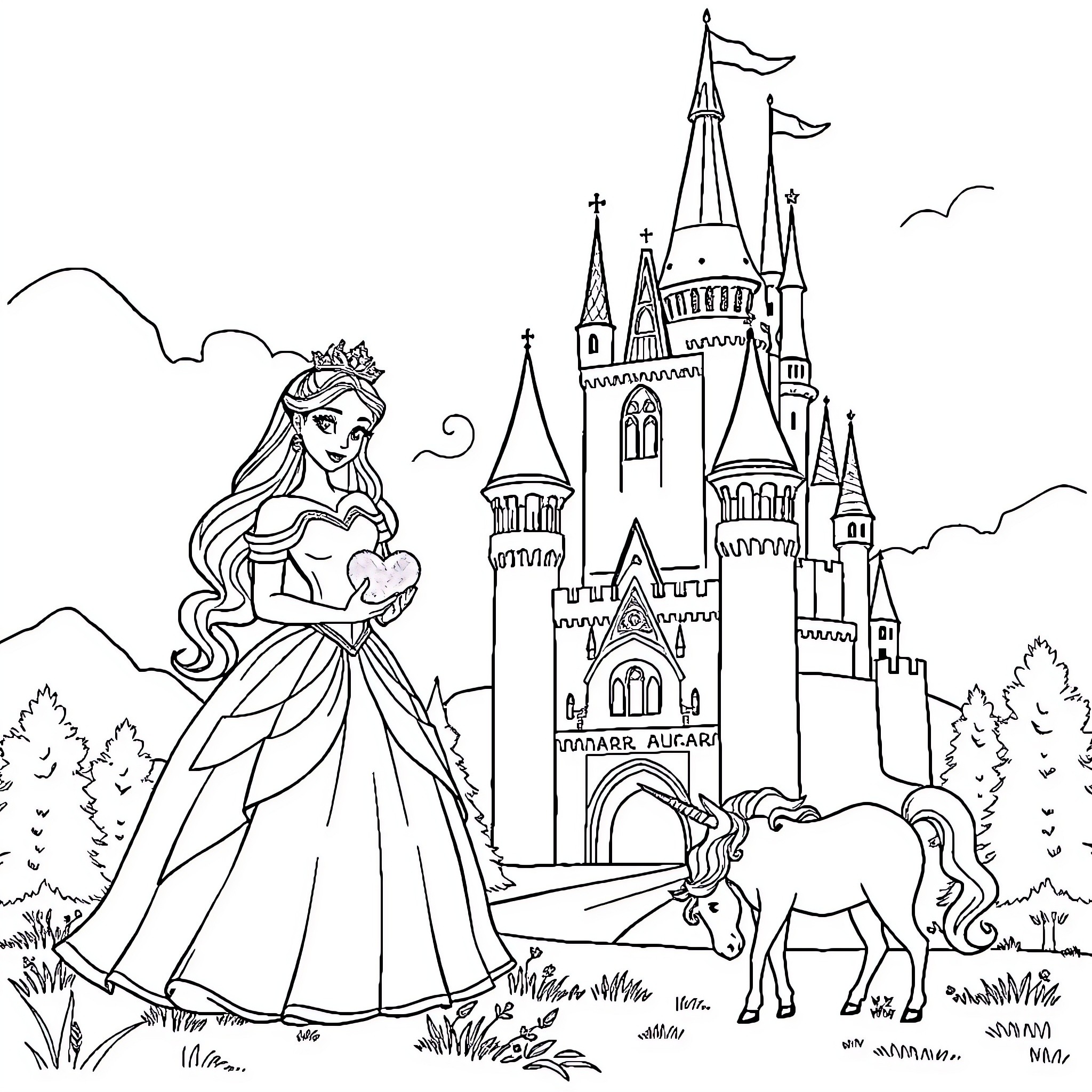 Princess in a Majestic Castle with Unicorn Coloring Page (free black-and-white line drawing printable PDF for all, from beginners to advanced learners, including children, teens, adults, and seniors)
