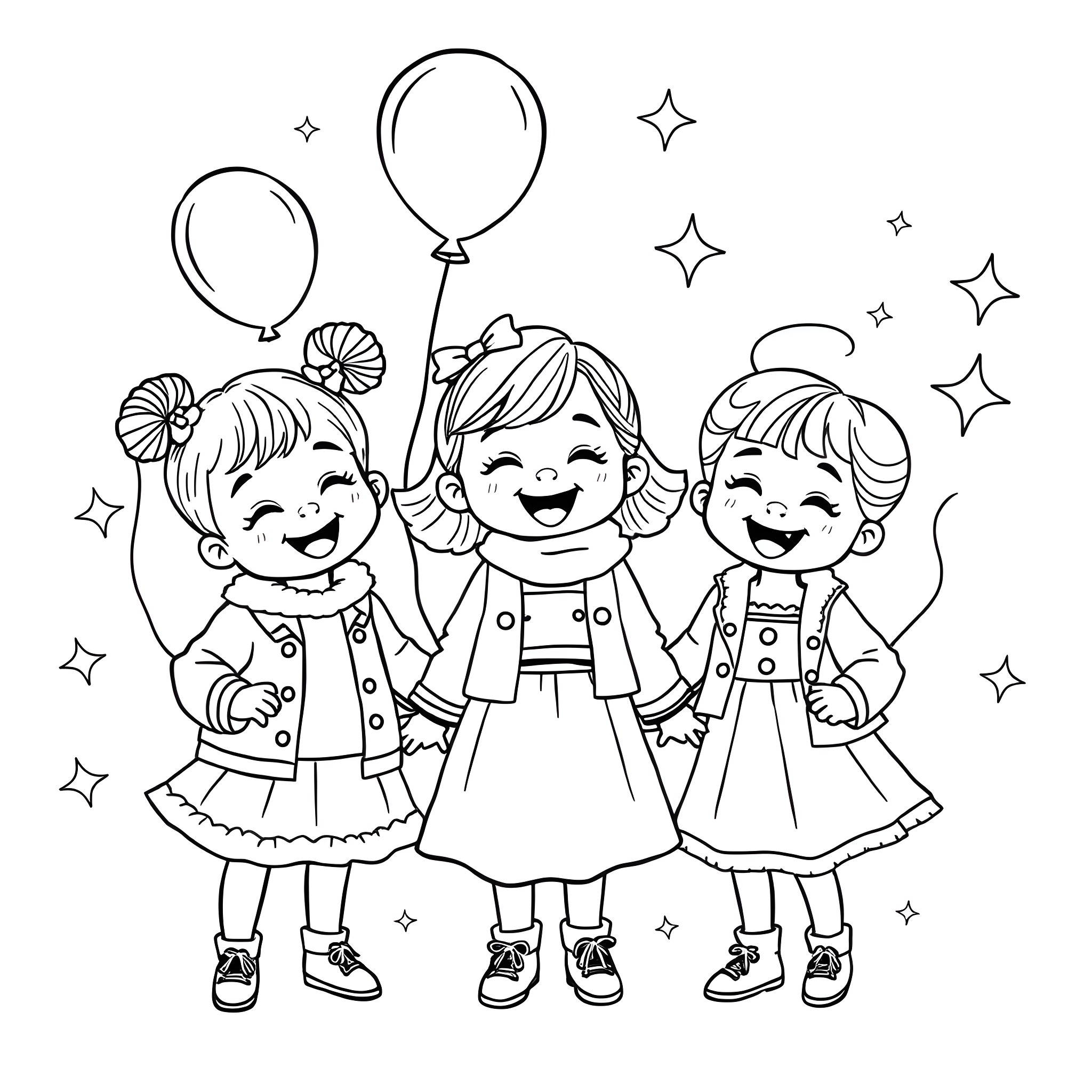 Triplet girls celebrating with balloons and stars Coloring Page (free black-and-white line drawing printable PDF for all, from beginners to advanced learners, including children, teens, adults, and seniors)