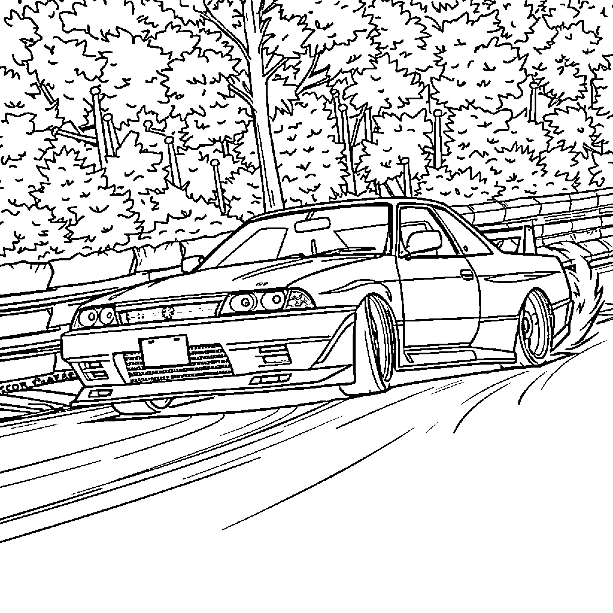 R34 GTR racing through the countryside Coloring Page (free black-and-white line drawing printable PDF for all, from beginners to advanced learners, including children, teens, adults, and seniors)