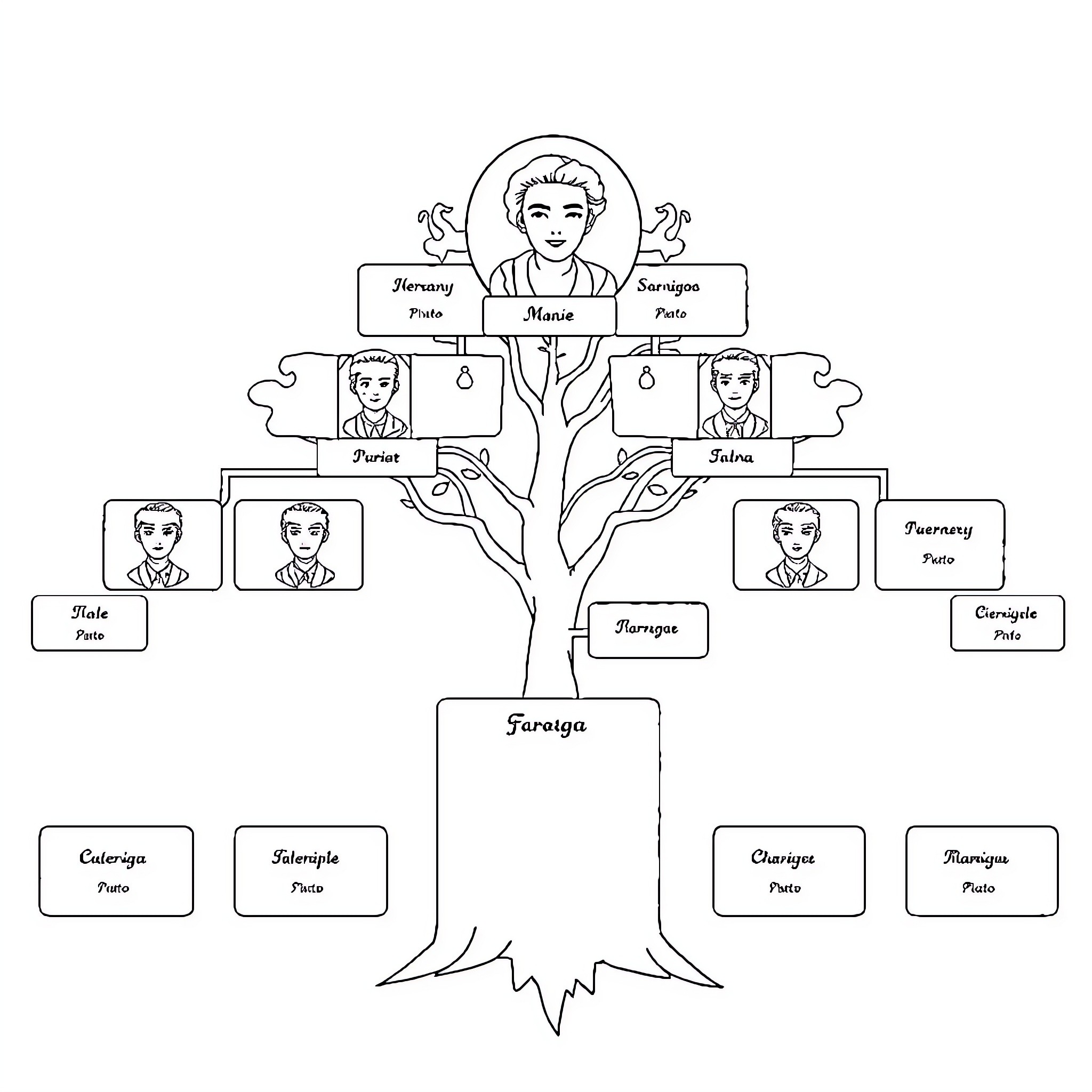 Family Tree Showcasing Genealogical Information Coloring Page (free black-and-white line drawing printable PDF for all, from beginners to advanced learners, including children, teens, adults, and seniors)