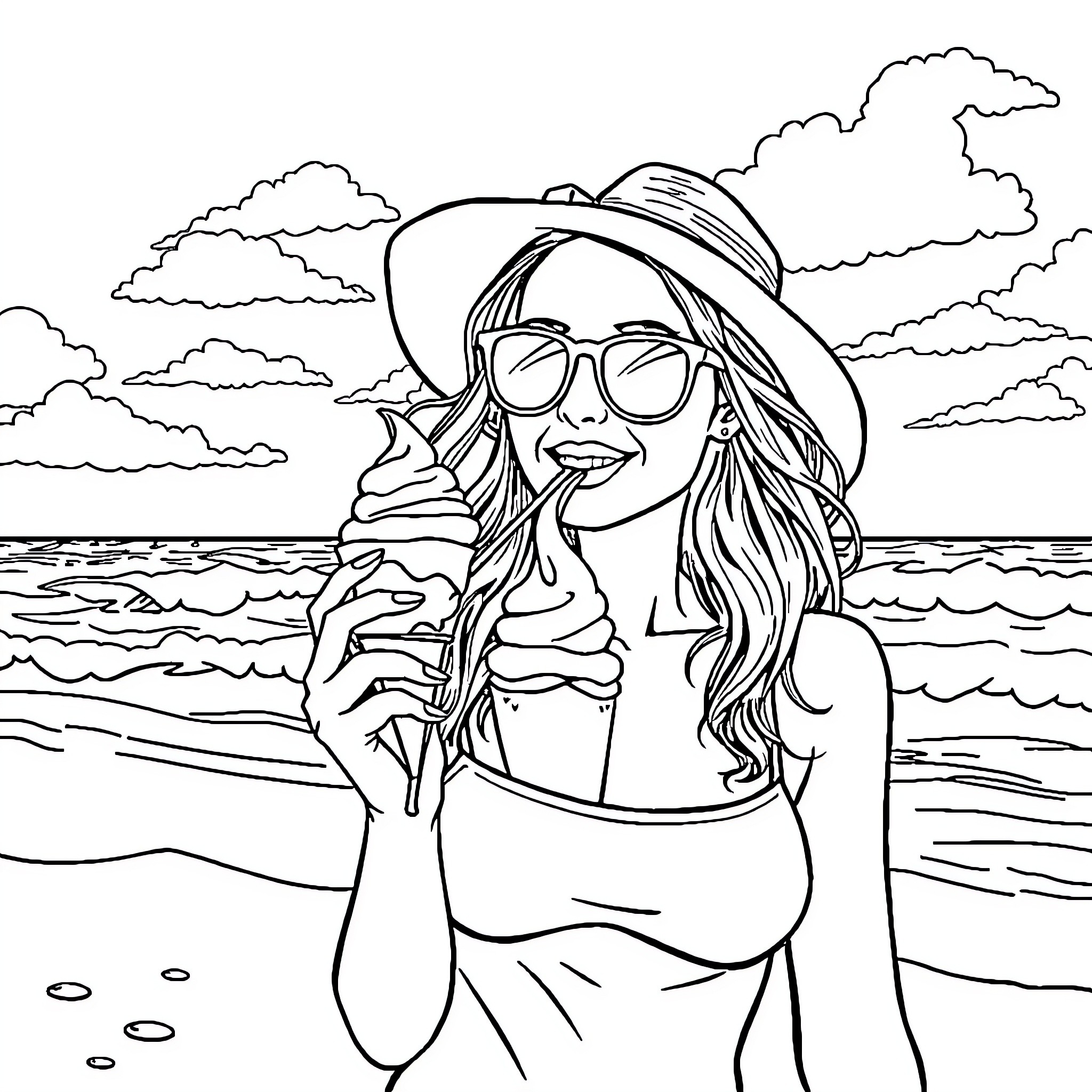 Ice Cream Enjoyed by a Woman at the Beach Coloring Page (free black-and-white line drawing printable PDF for all, from beginners to advanced learners, including children, teens, adults, and seniors)