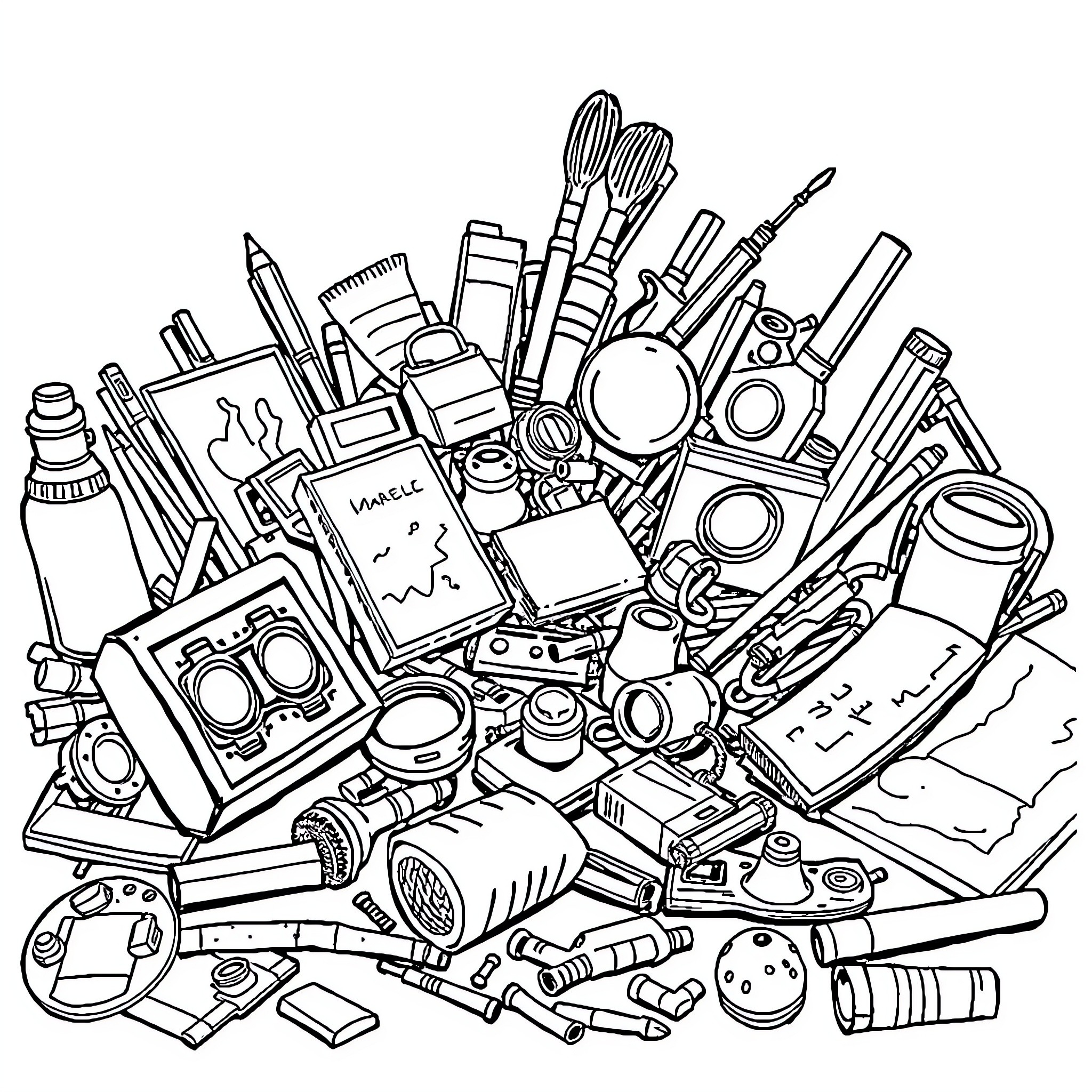 Random Assortment of Art Supplies and Tools Coloring Page (free black-and-white line drawing printable PDF for all, from beginners to advanced learners, including children, teens, adults, and seniors)