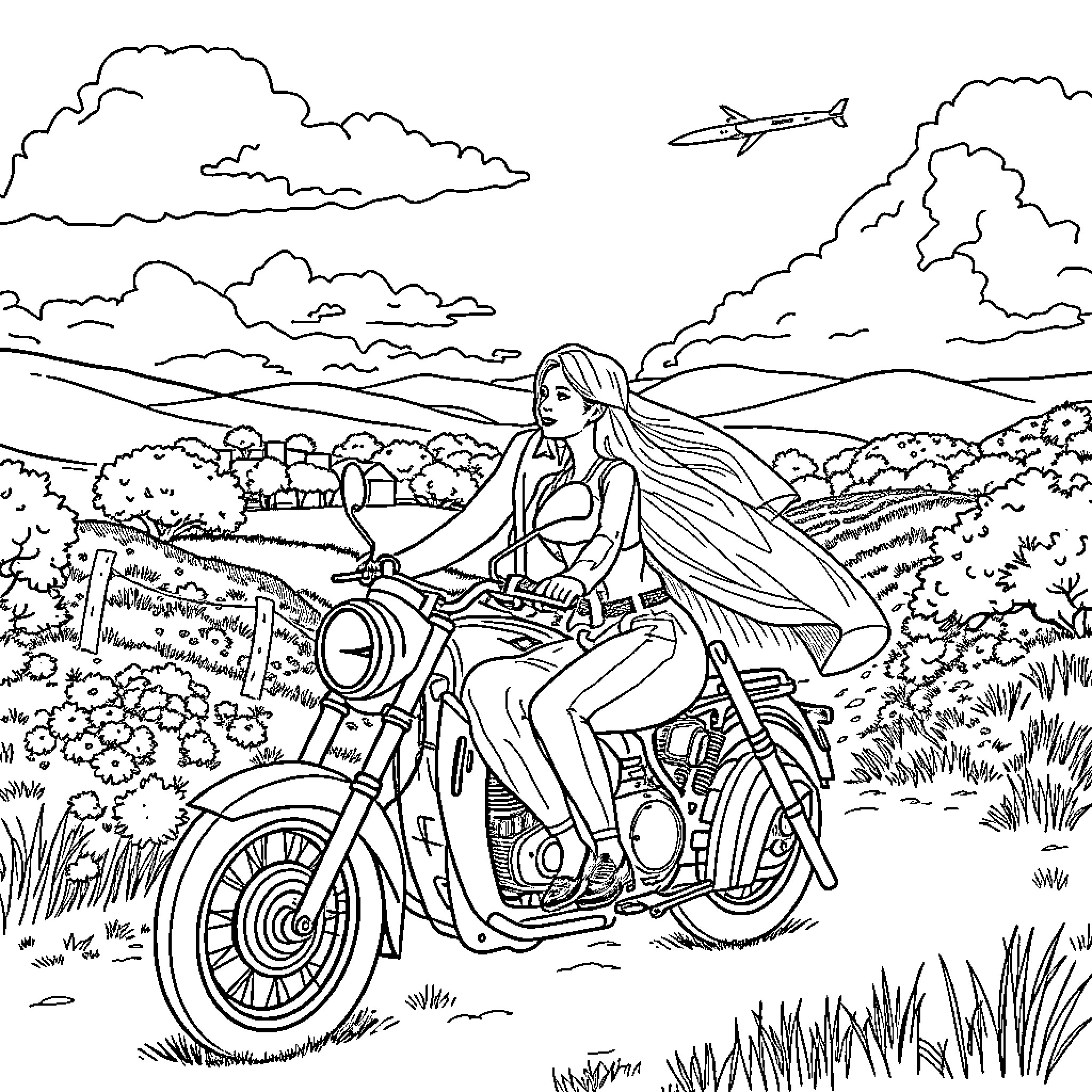 Couple riding motorcycle through scenic countryside Coloring Page (free black-and-white line drawing printable PDF for all, from beginners to advanced learners, including children, teens, adults, and seniors)