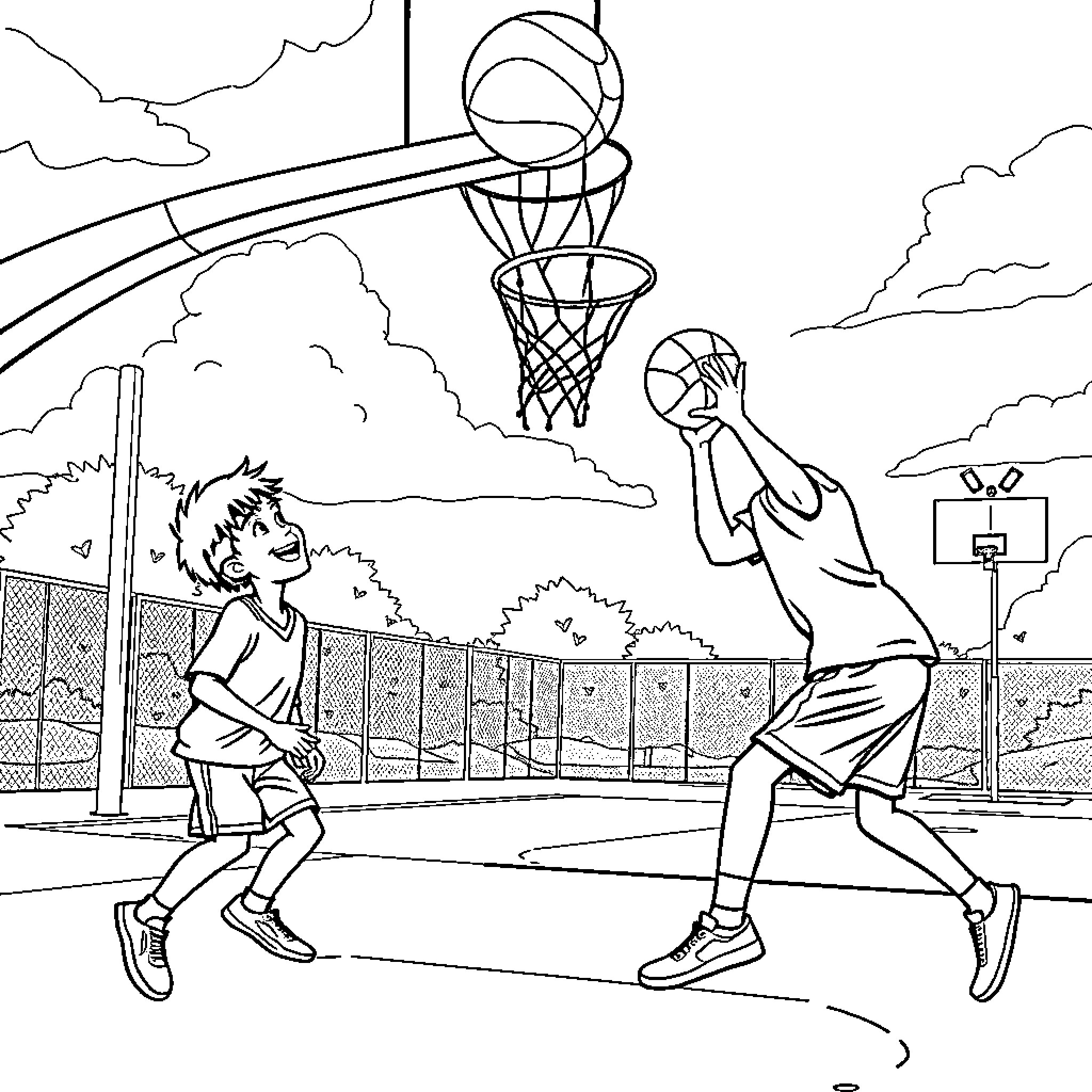 Basketball players in an intense outdoor court game Coloring Page (free black-and-white line drawing printable PDF for all, from beginners to advanced learners, including children, teens, adults, and seniors)