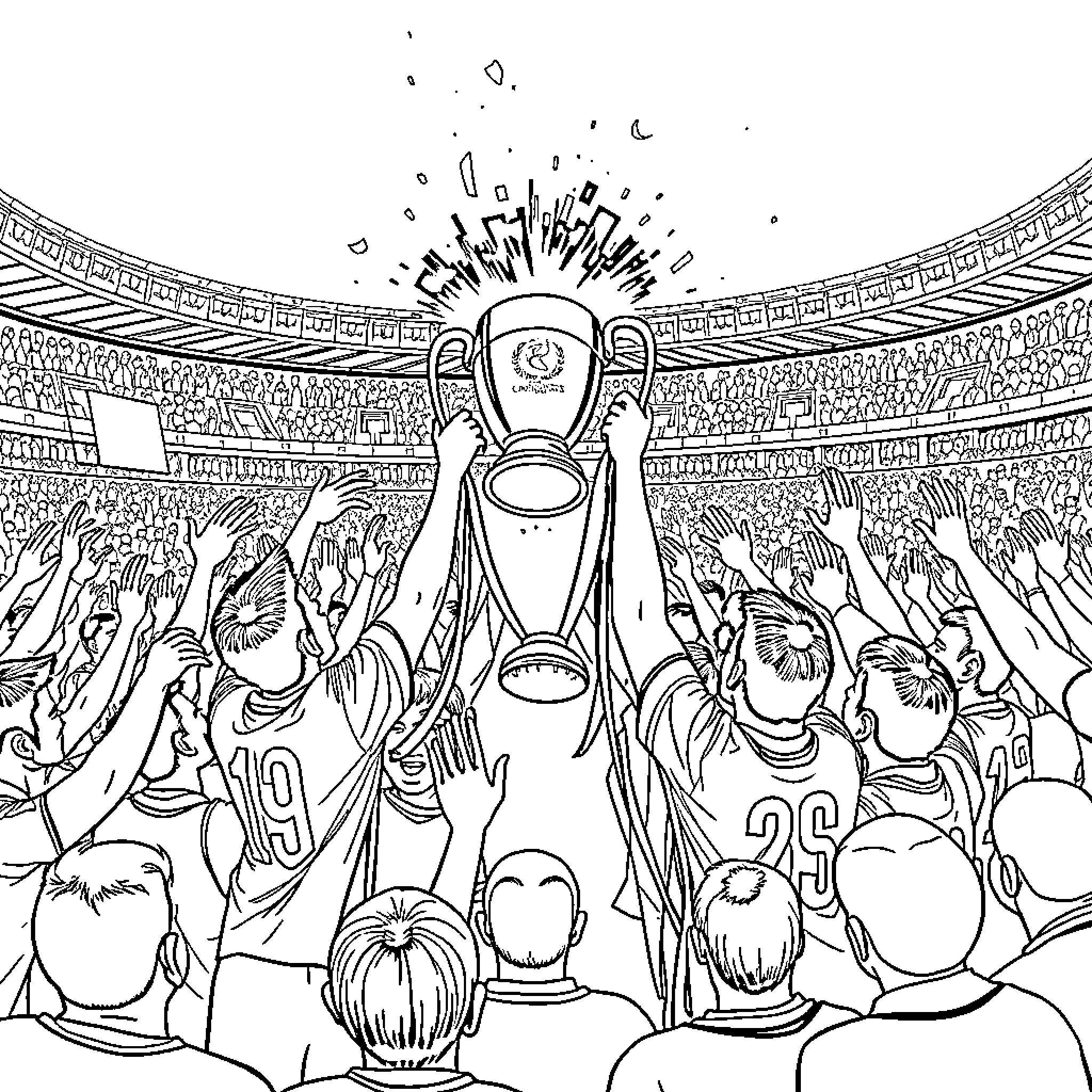 Galatasaray fans celebrate in the stadium Coloring Page (free black-and-white line drawing printable PDF for all, from beginners to advanced learners, including children, teens, adults, and seniors)