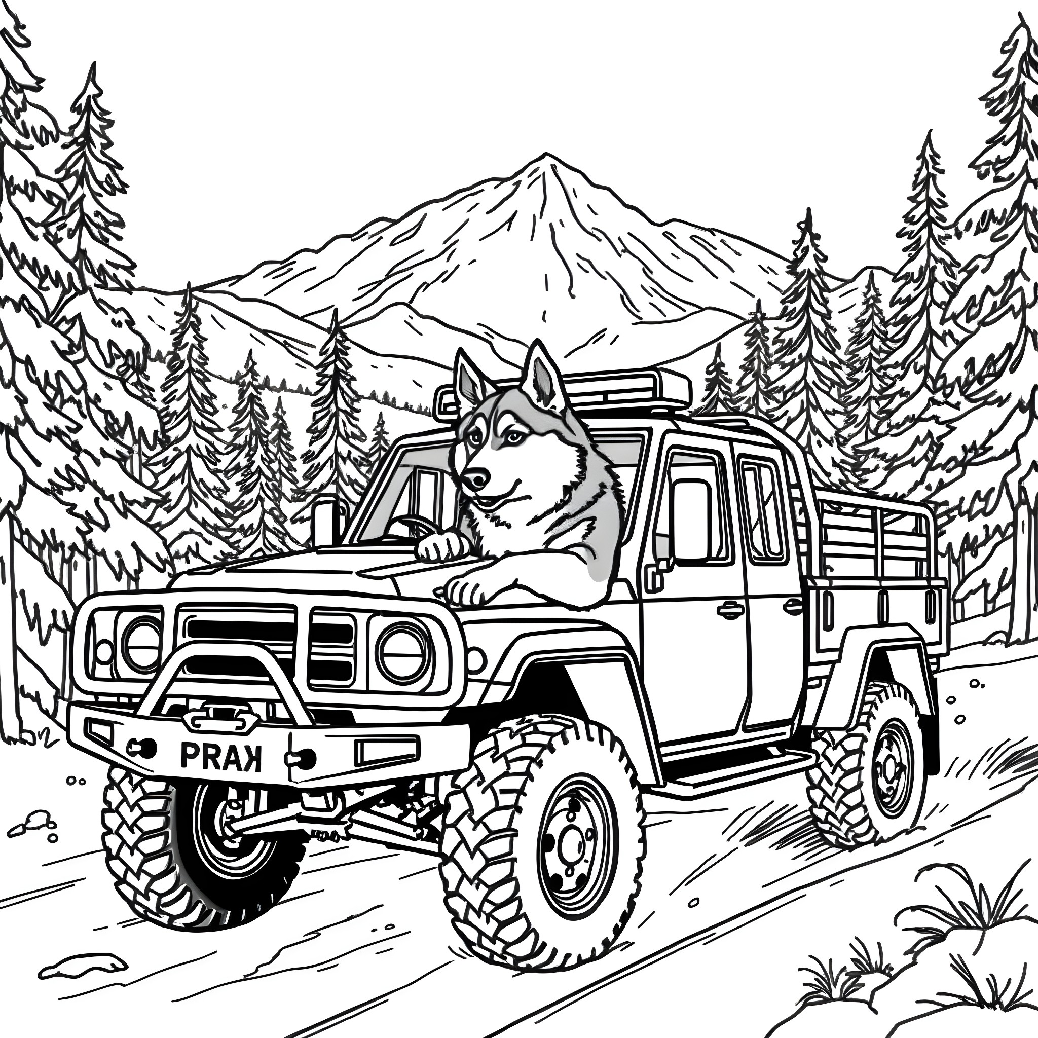 Husky Riding Rugged Truck in Snowy Mountain Landscape Coloring Page (free black-and-white line drawing printable PDF for all, from beginners to advanced learners, including children, teens, adults, and seniors)