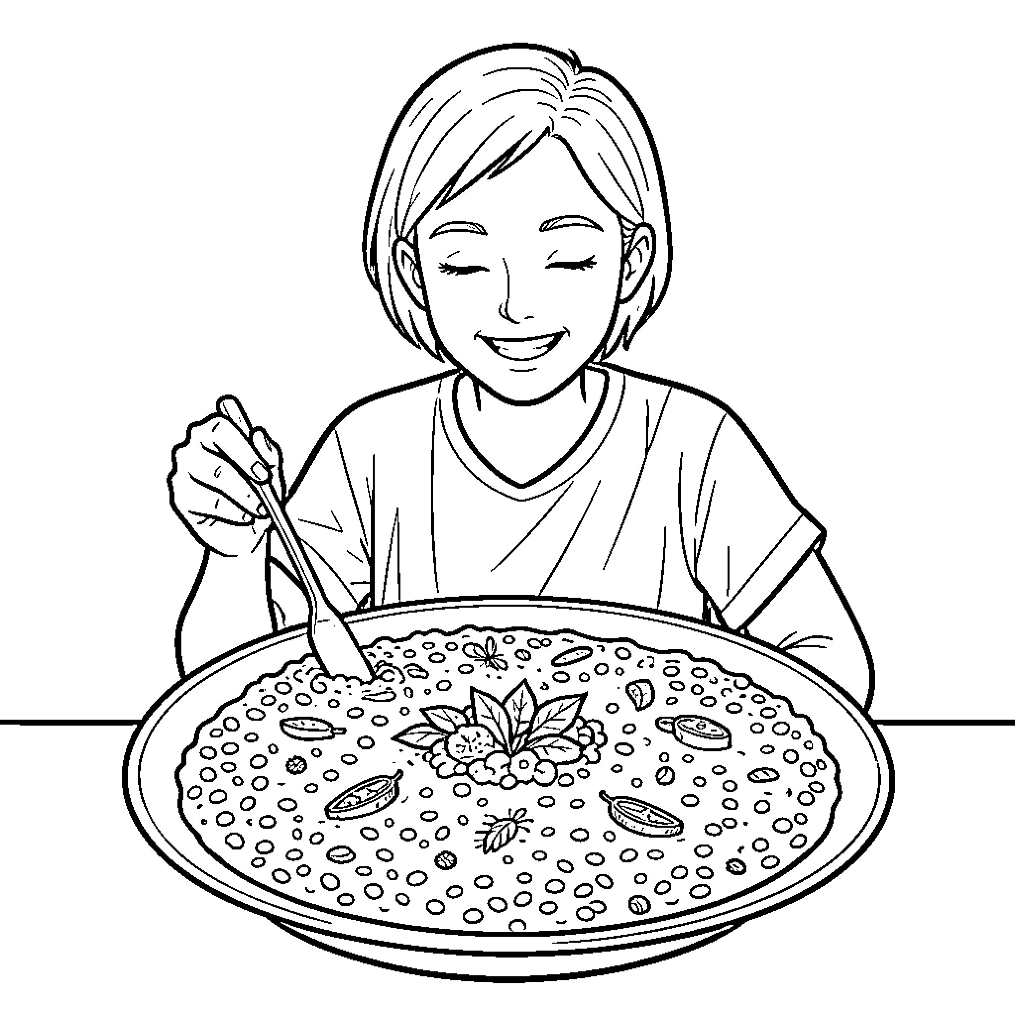 Sewa smiling while enjoying a large bowl of food Coloring Page (free black-and-white line drawing printable PDF for all, from beginners to advanced learners, including children, teens, adults, and seniors)