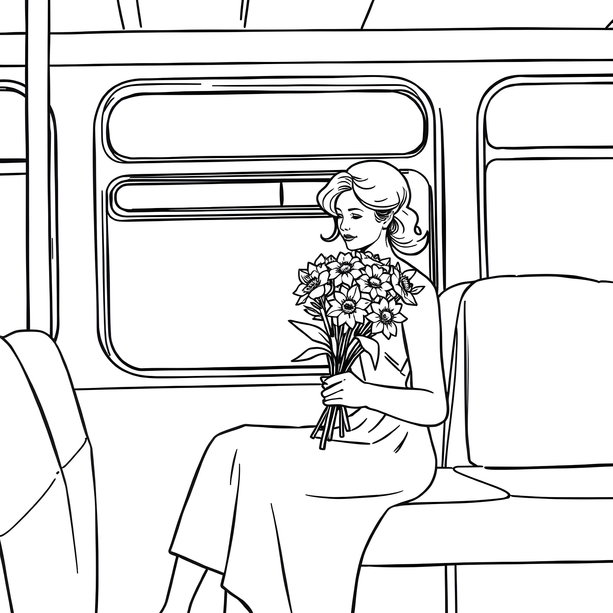 Lady with flowers sitting on a bus Coloring Page (free black-and-white line drawing printable PDF for all, from beginners to advanced learners, including children, teens, adults, and seniors)