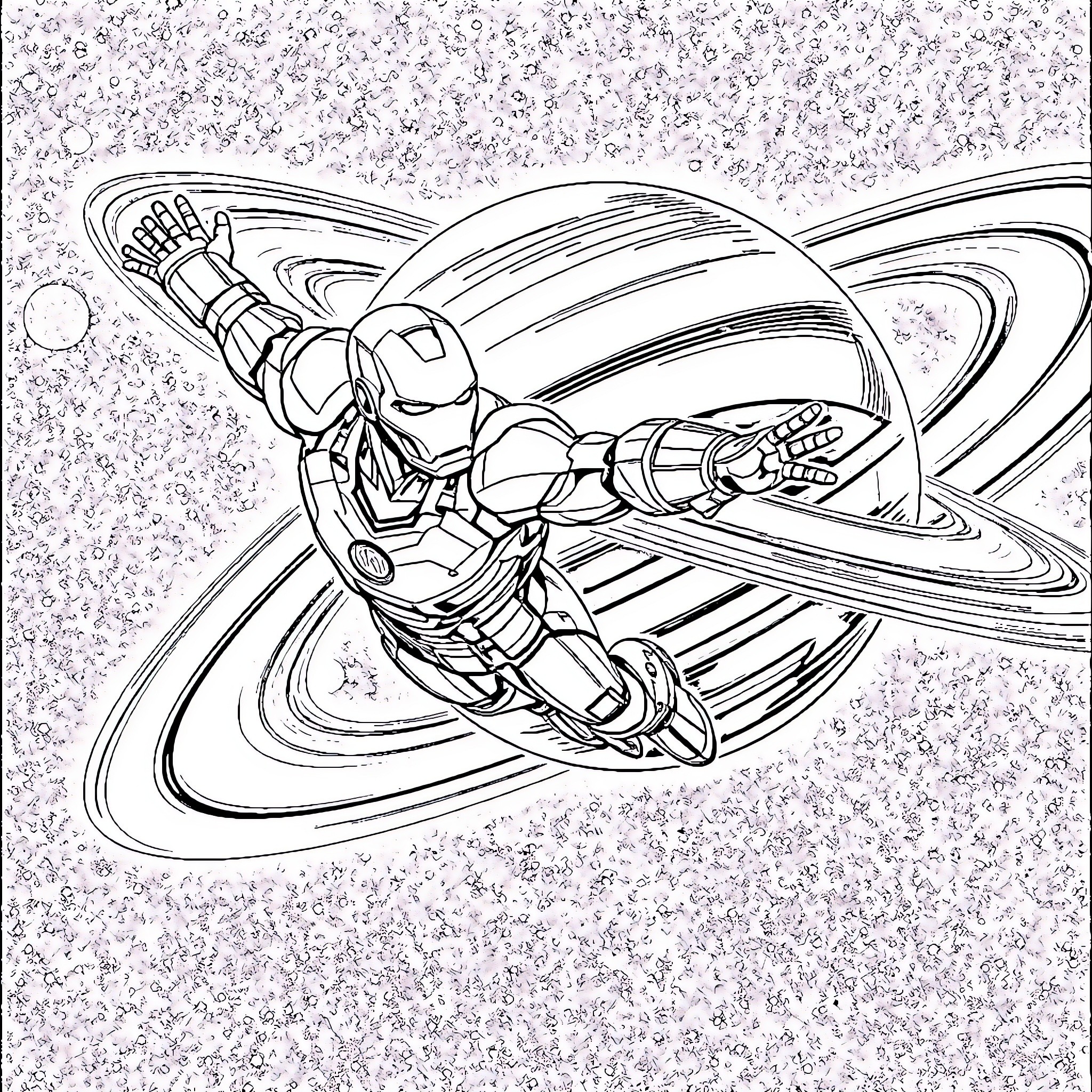 Ironman racing through the cosmic landscape Coloring Page (free black-and-white line drawing printable PDF for all, from beginners to advanced learners, including children, teens, adults, and seniors)