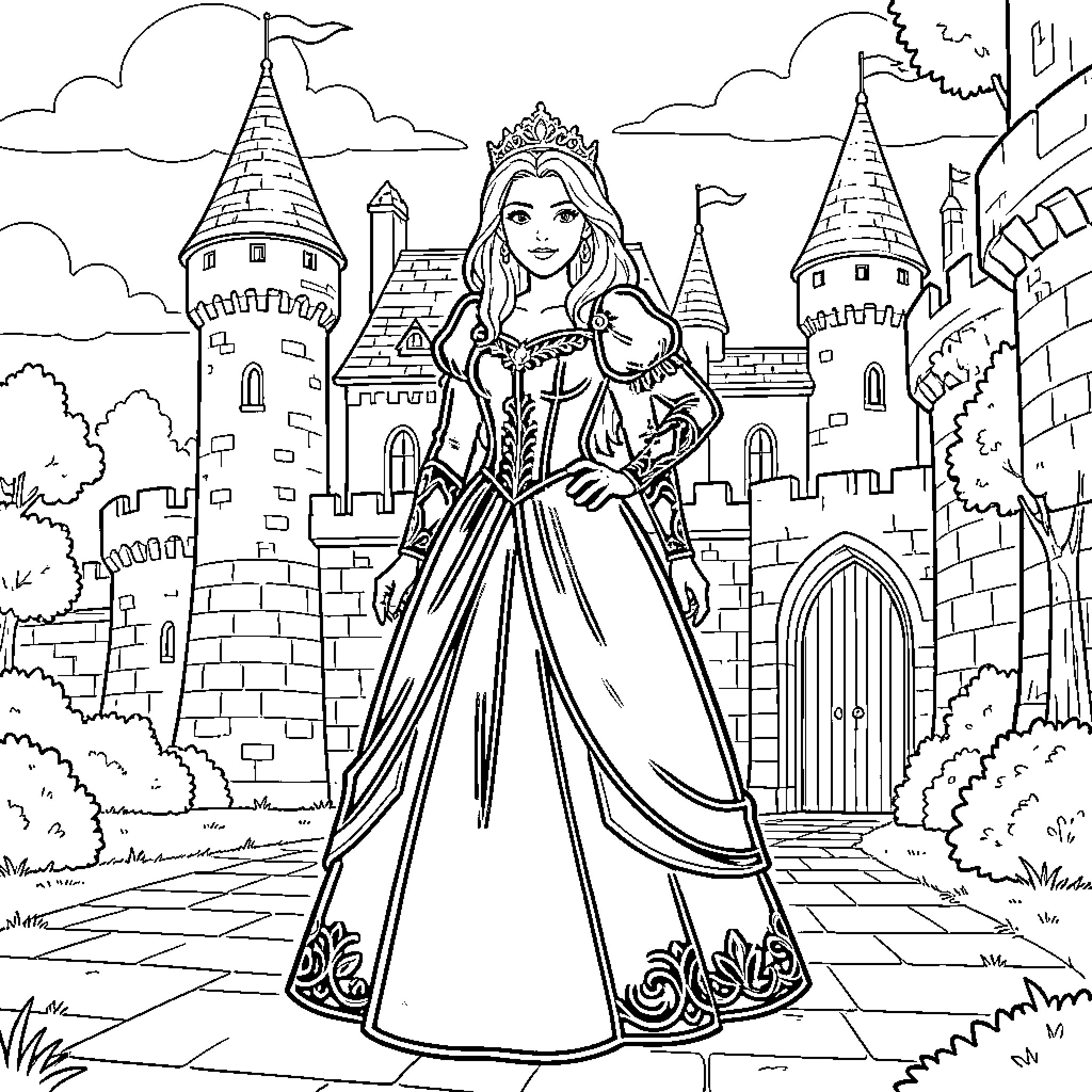 Princess standing gracefully in front of a castle Coloring Page (free black-and-white line drawing printable PDF for all, from beginners to advanced learners, including children, teens, adults, and seniors)