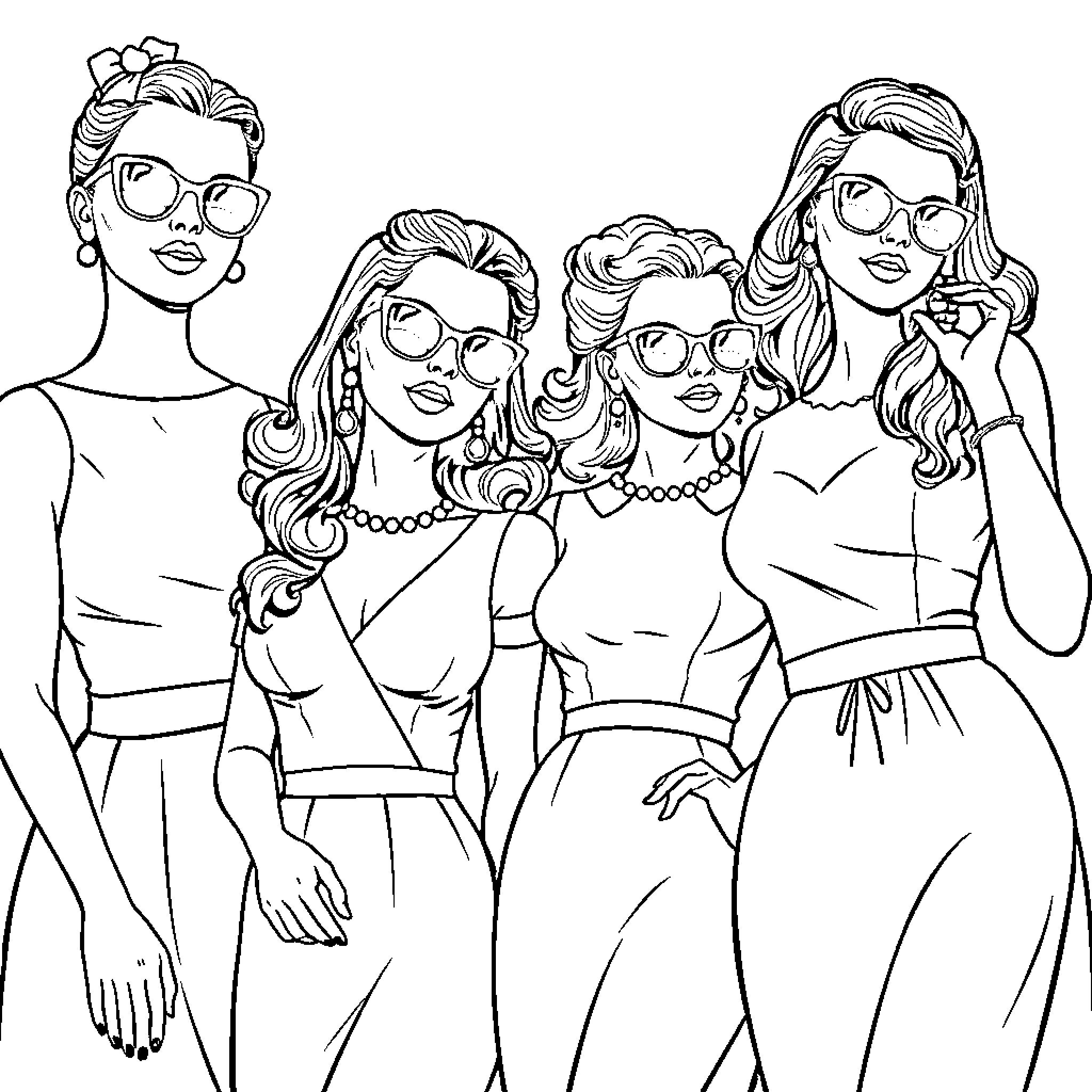 Women of Style and Sophistication Coloring Page (free black-and-white line drawing printable PDF for all, from beginners to advanced learners, including children, teens, adults, and seniors)