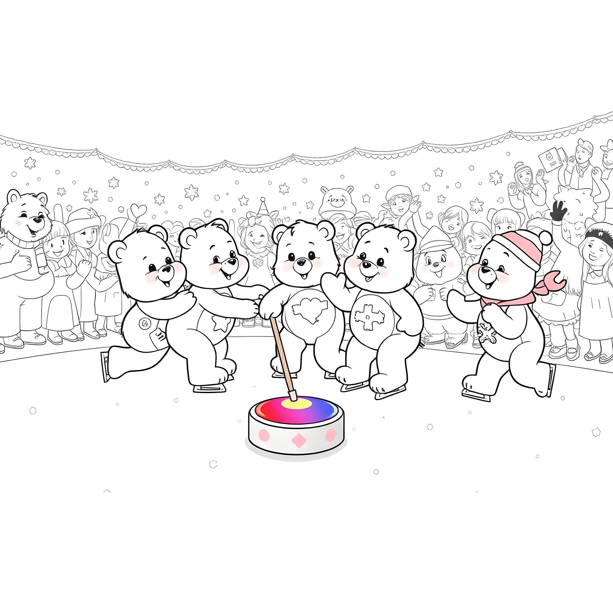 Carebear friends celebrating together Coloring Page (free black-and-white line drawing printable PDF for all, from beginners to advanced learners, including children, teens, adults, and seniors)