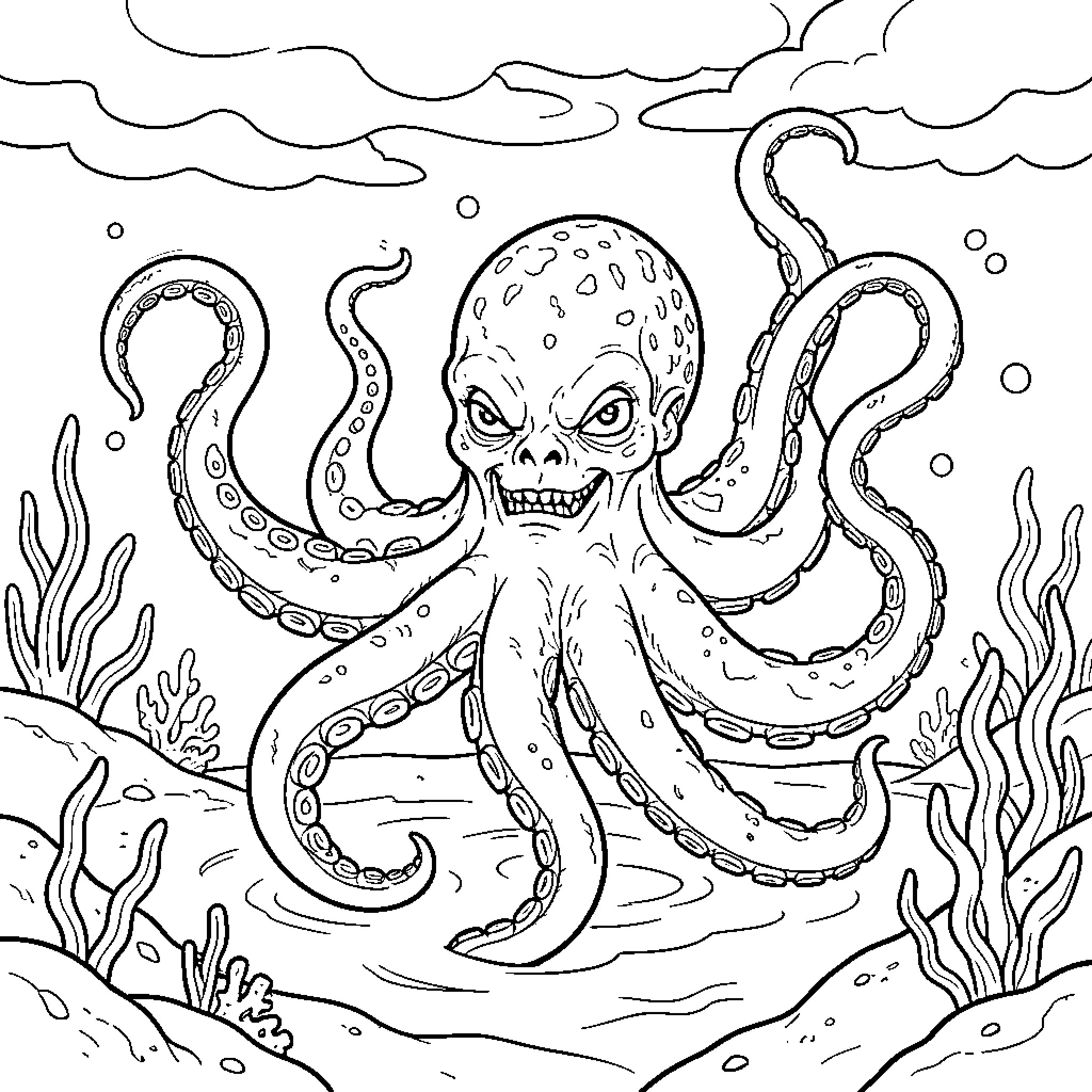 Sea Monster with an angry expression underwater Coloring Page (free black-and-white line drawing printable PDF for all, from beginners to advanced learners, including children, teens, adults, and seniors)