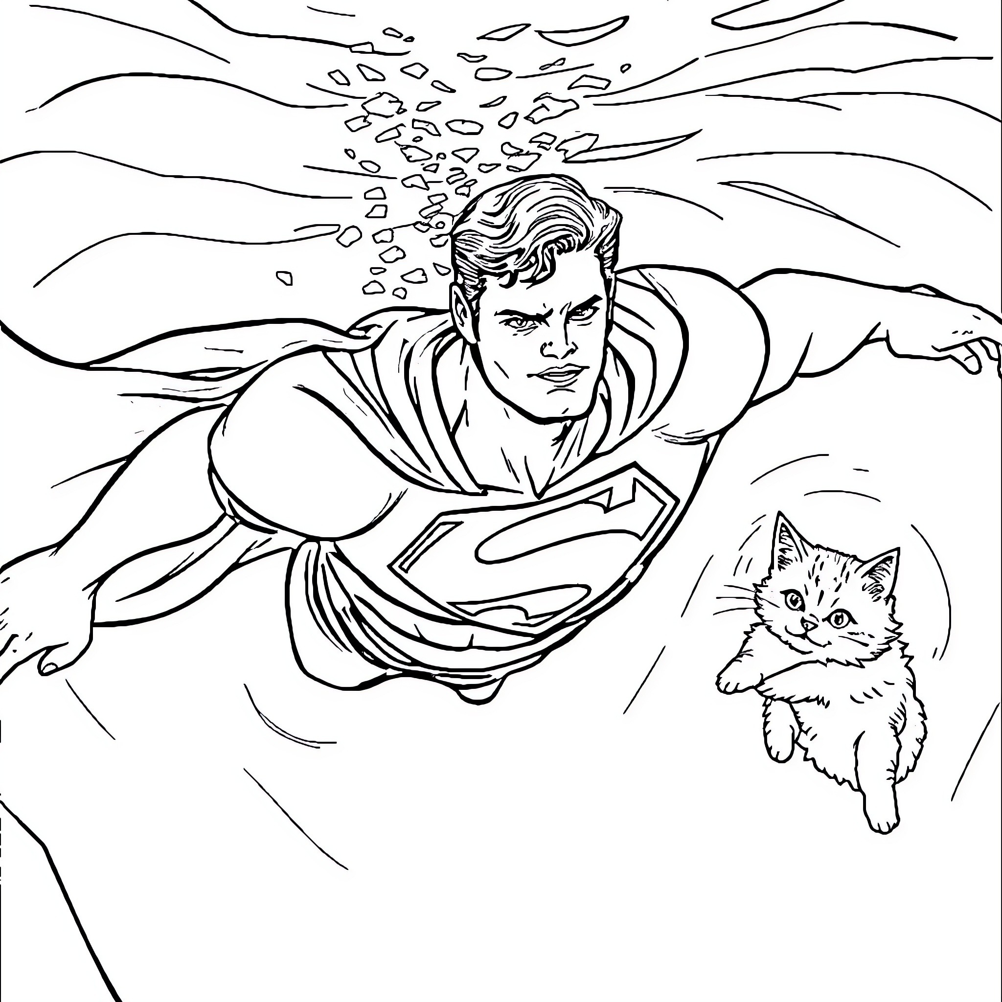 Superman's heroic flight with a feline companion Coloring Page (free black-and-white line drawing printable PDF for all, from beginners to advanced learners, including children, teens, adults, and seniors)