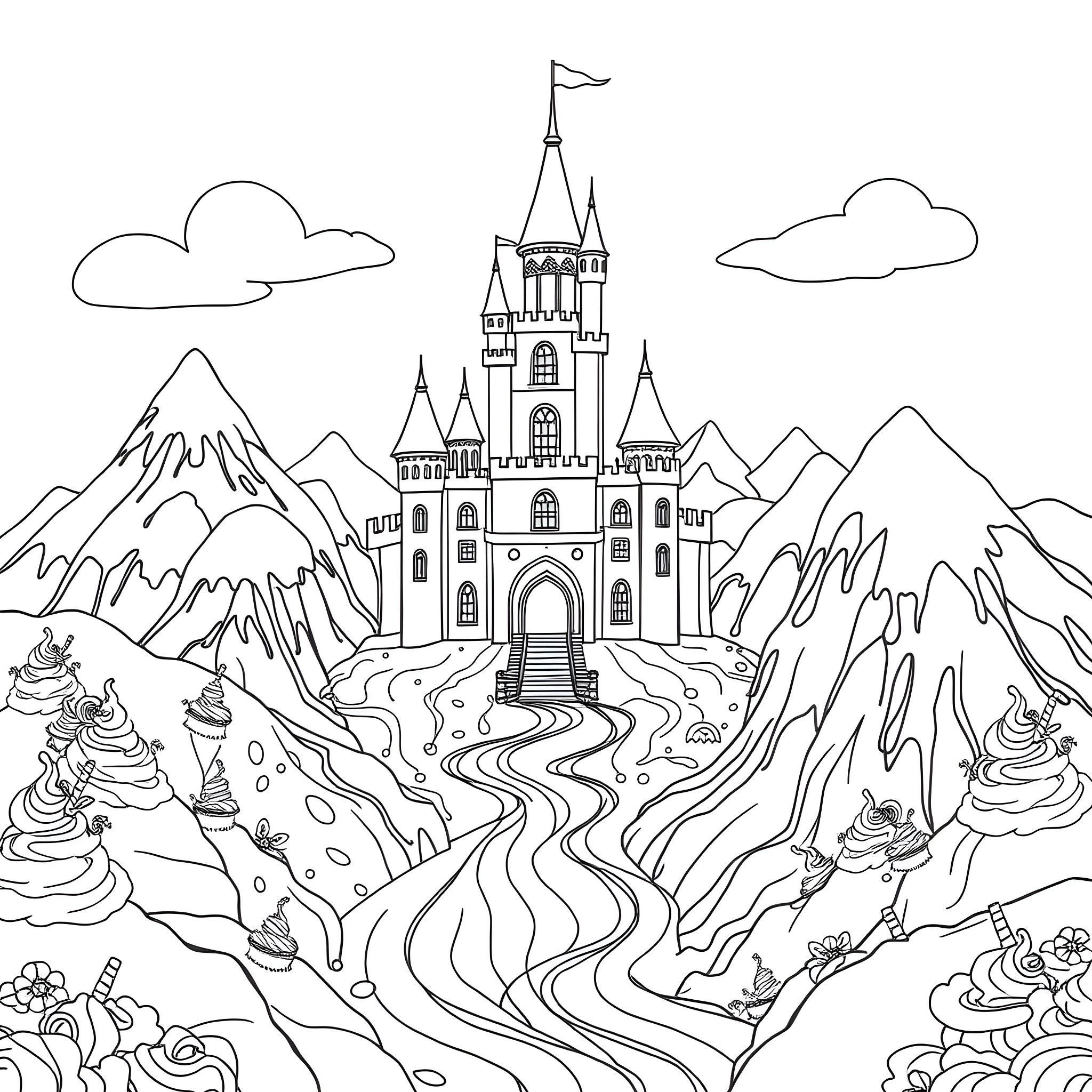 Ice Cream Castle in the Mountains Coloring Page (free black-and-white line drawing printable PDF for all, from beginners to advanced learners, including children, teens, adults, and seniors)