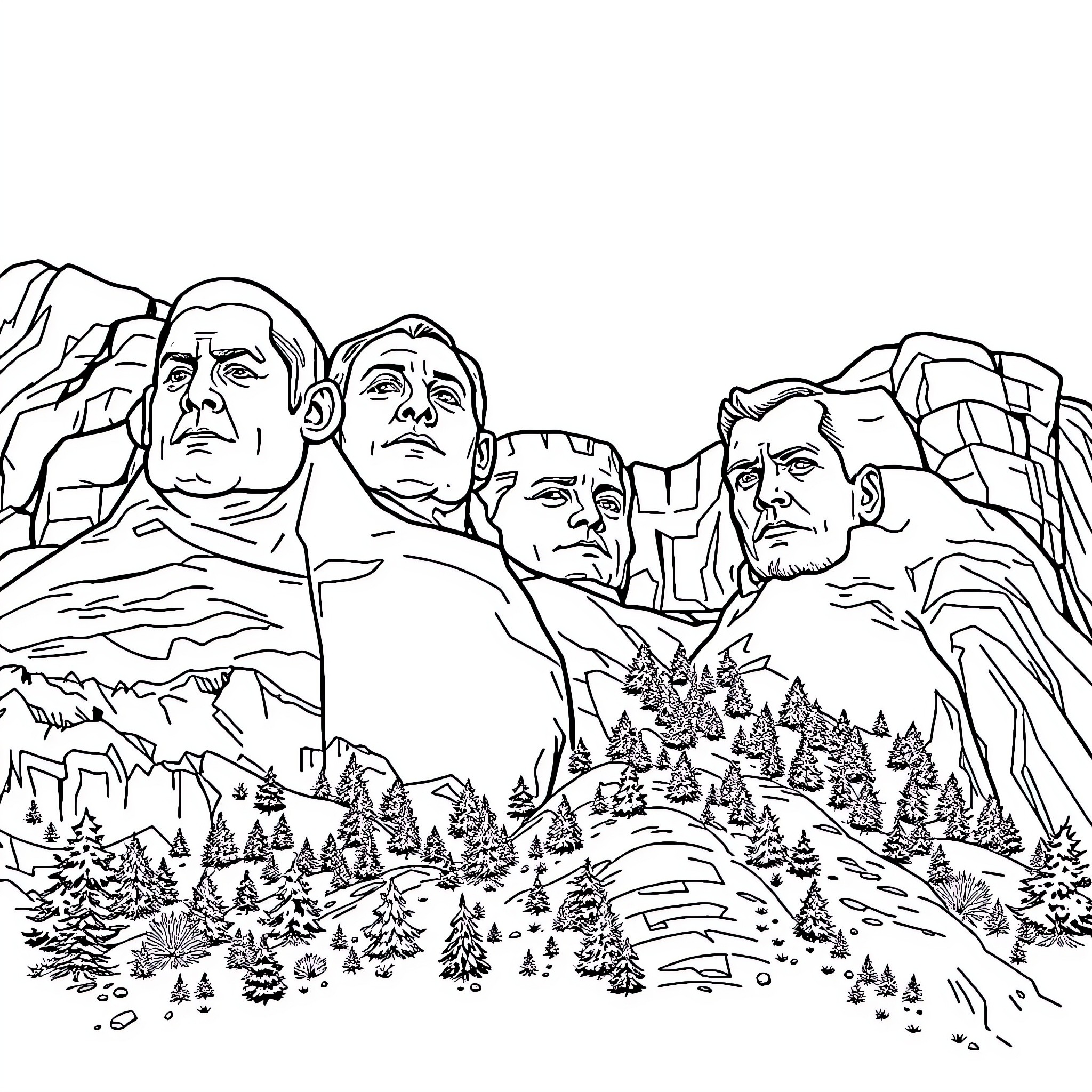 John Cena Faces Iconic American Presidents at Mount Rushmore Coloring Page (free black-and-white line drawing printable PDF for all, from beginners to advanced learners, including children, teens, adults, and seniors)