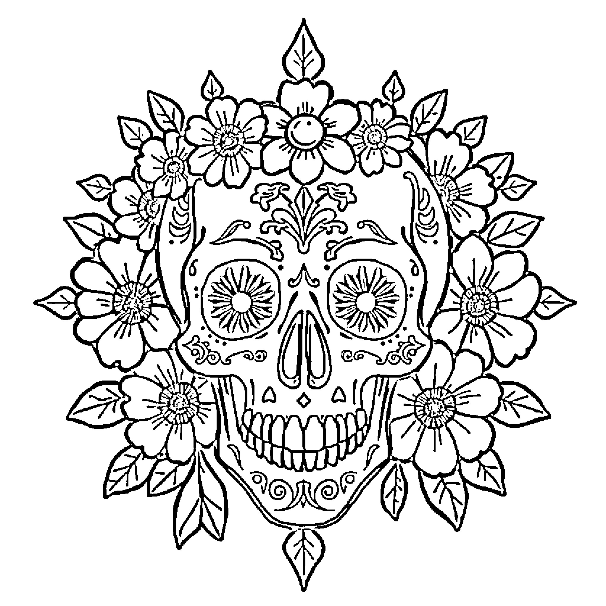 Skull adorned with ornate floral pattern Coloring Page (free black-and-white line drawing printable PDF for all, from beginners to advanced learners, including children, teens, adults, and seniors)