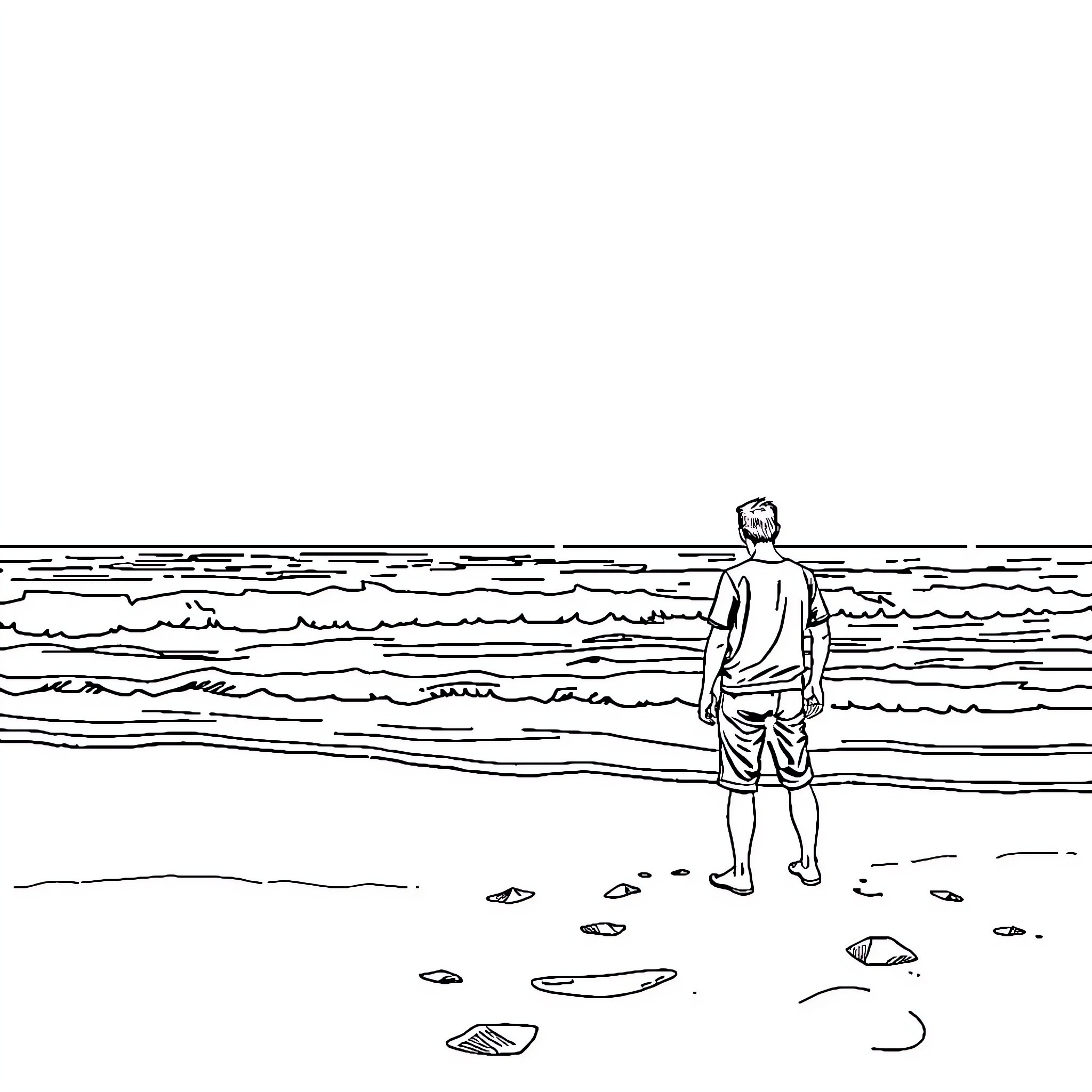 Man standing alone on the beach Coloring Page (free black-and-white line drawing printable PDF for all, from beginners to advanced learners, including children, teens, adults, and seniors)