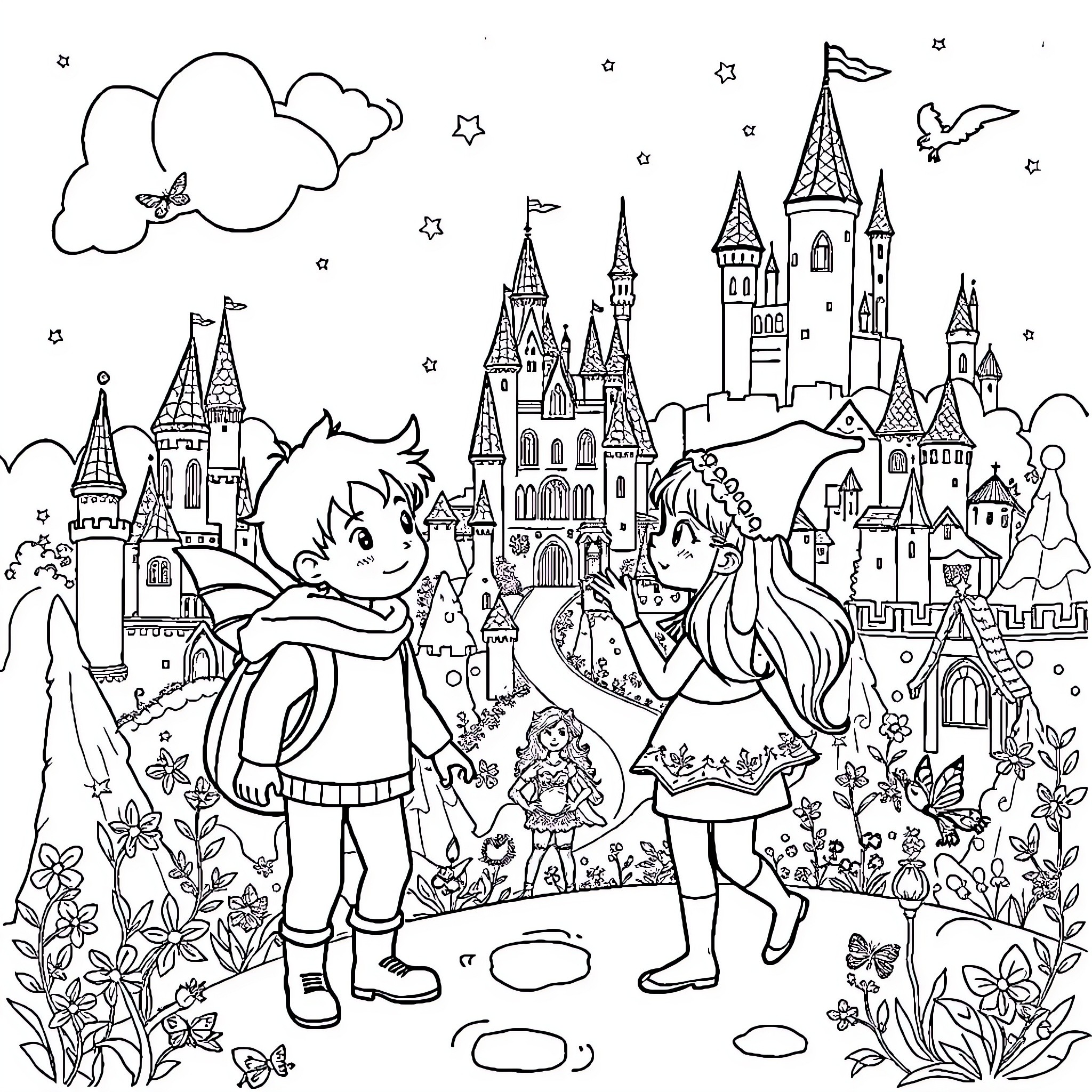 Ben and Holly exploring the magical castle grounds Coloring Page (free black-and-white line drawing printable PDF for all, from beginners to advanced learners, including children, teens, adults, and seniors)