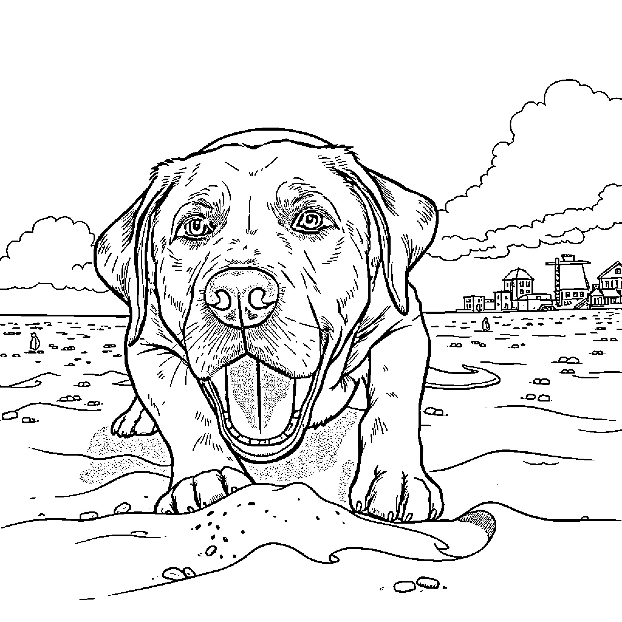 Labrador enjoying the beach scenery Coloring Page (free black-and-white line drawing printable PDF for all, from beginners to advanced learners, including children, teens, adults, and seniors)