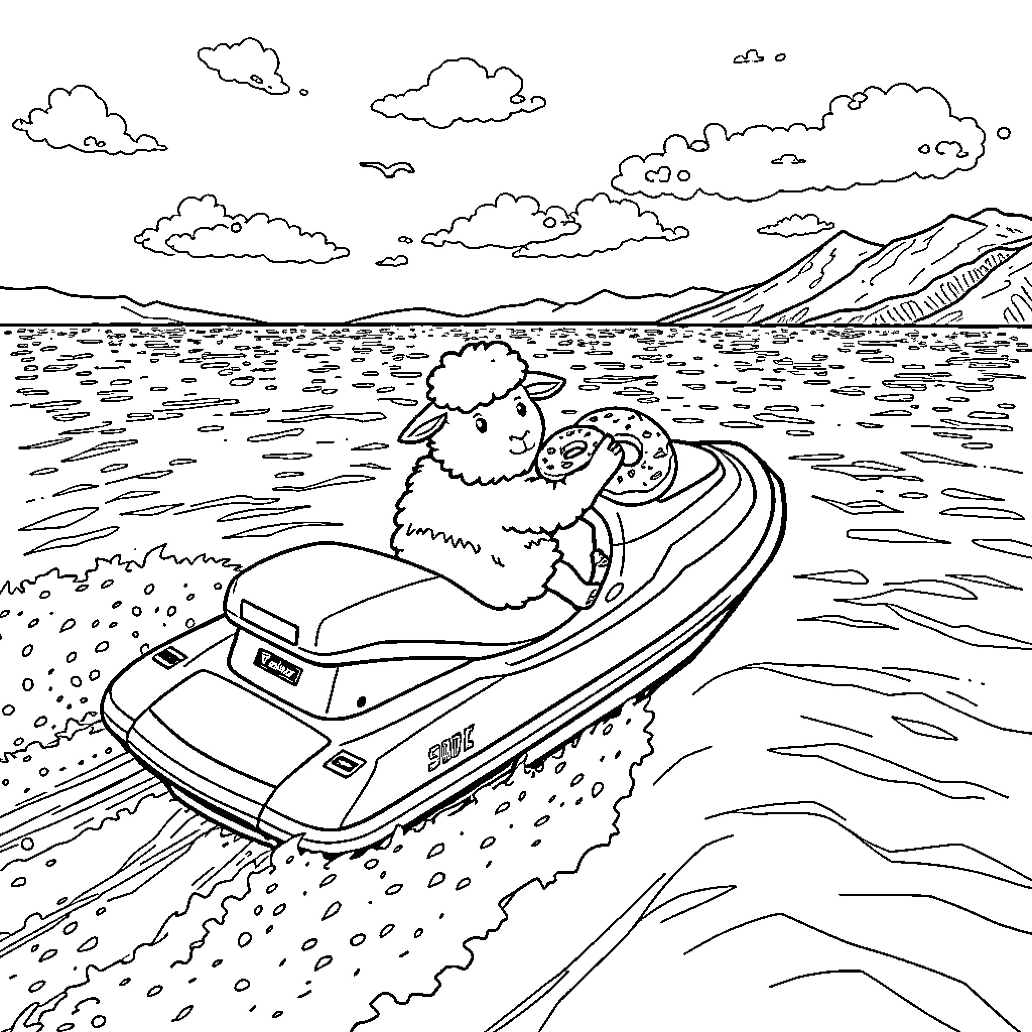 Sheep riding motorboat on the lake Coloring Page (free black-and-white line drawing printable PDF for all, from beginners to advanced learners, including children, teens, adults, and seniors)