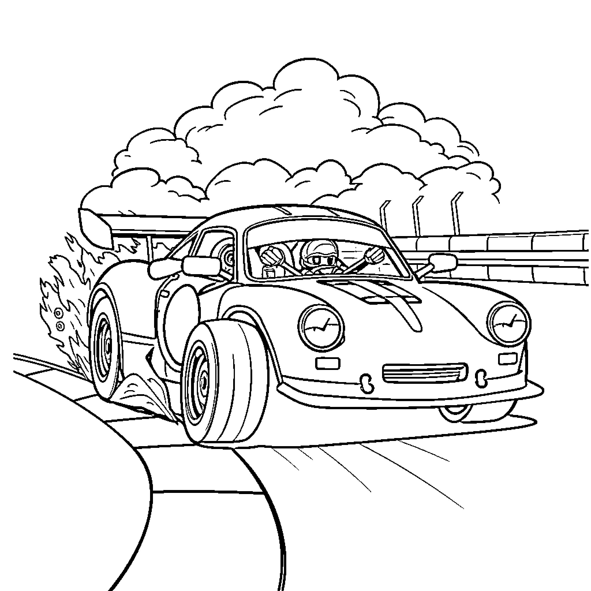 Racing Car speeding through the countryside Coloring Page (free black-and-white line drawing printable PDF for all, from beginners to advanced learners, including children, teens, adults, and seniors)