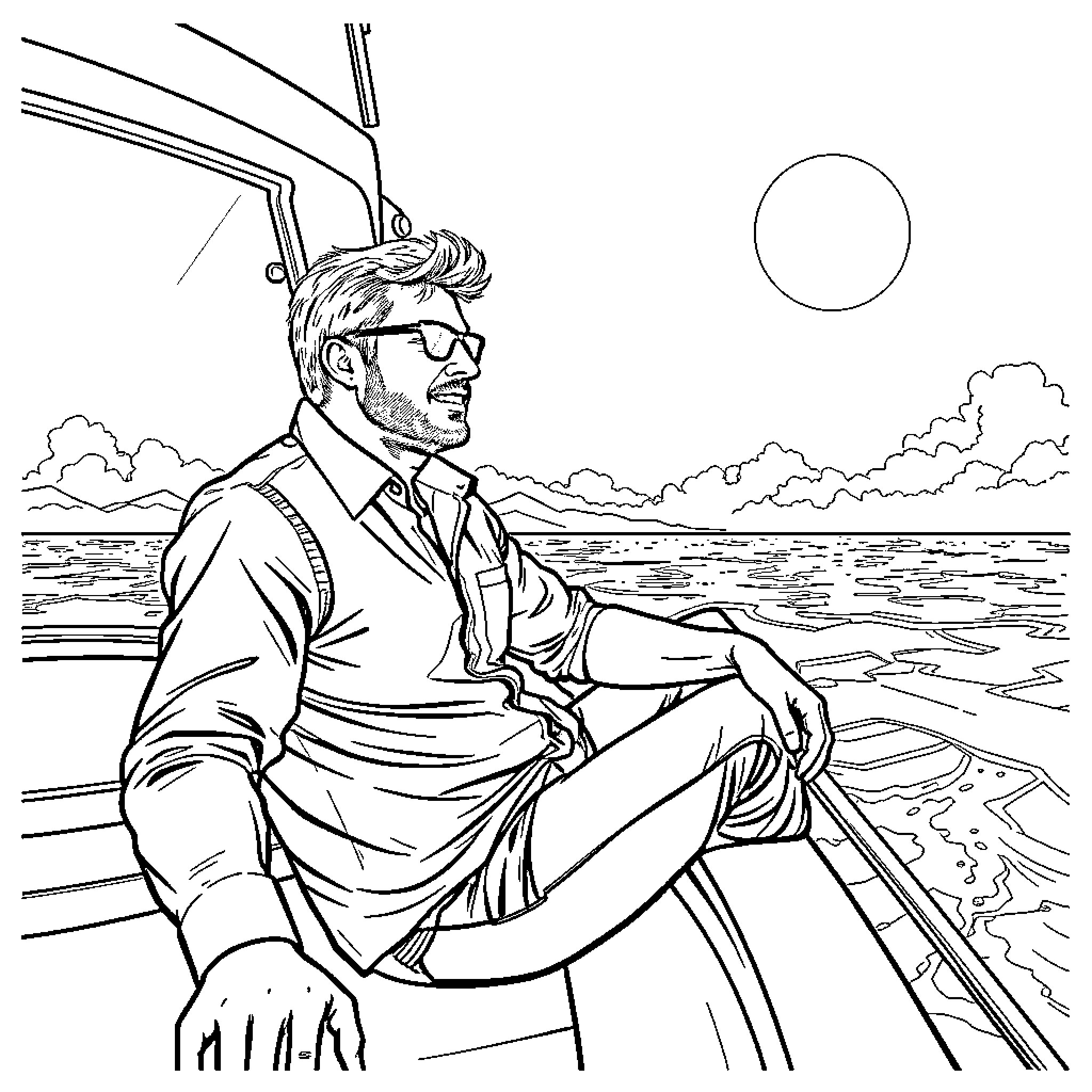 Mads Mikkelsen relaxing on a boat in the ocean Coloring Page (free black-and-white line drawing printable PDF for all, from beginners to advanced learners, including children, teens, adults, and seniors)