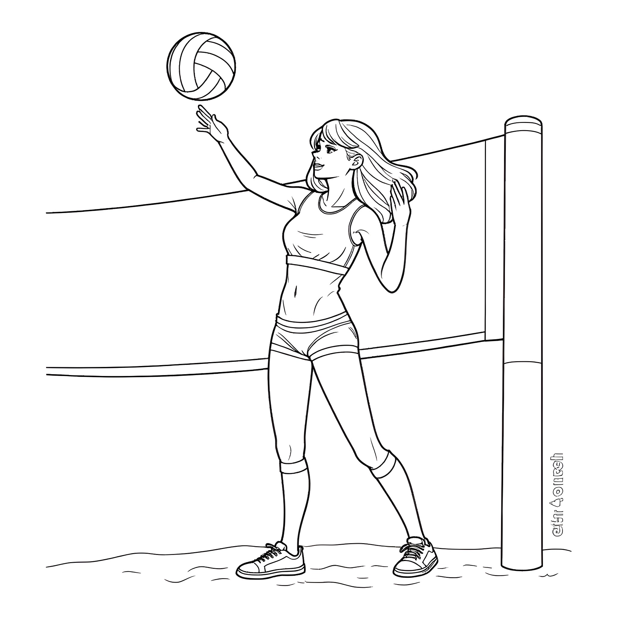 Taylor Swift playing volleyball on the beach Coloring Page (free black-and-white line drawing printable PDF for all, from beginners to advanced learners, including children, teens, adults, and seniors)
