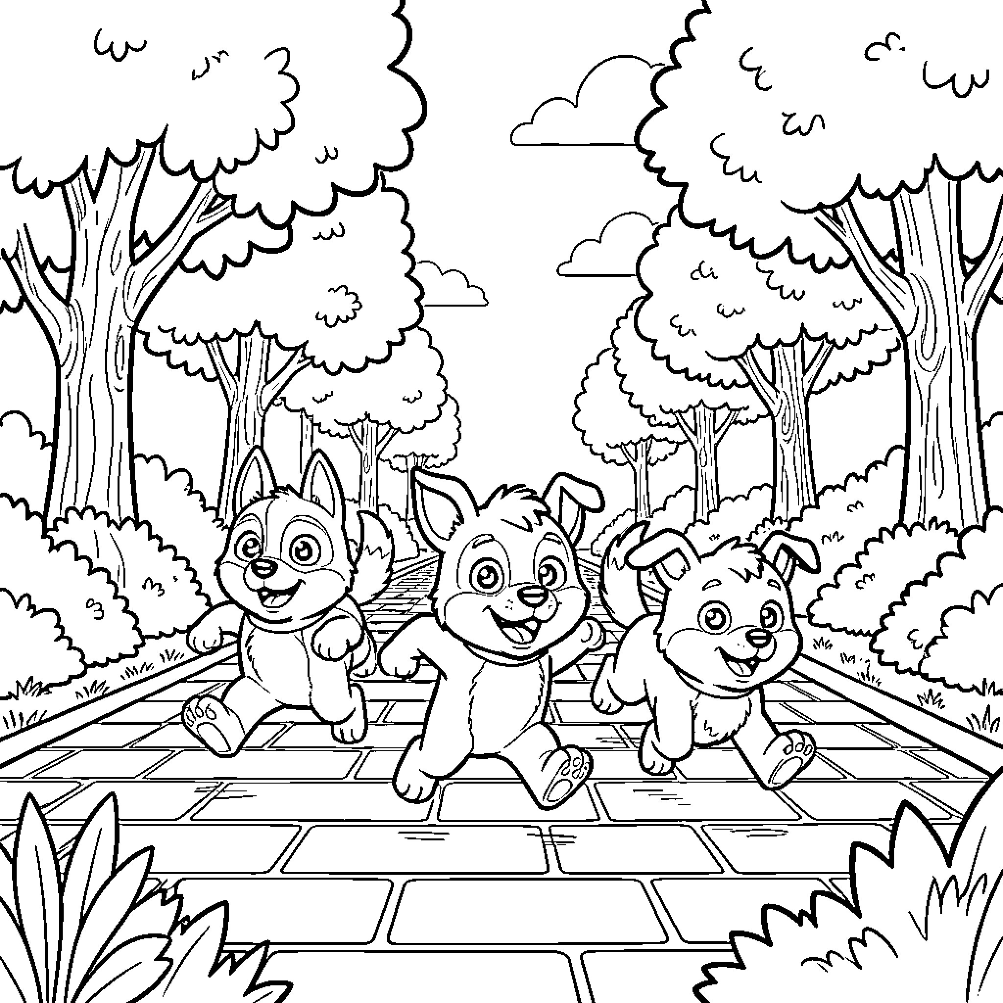 Paw Patrol Pups Playing in the Forest Coloring Page (free black-and-white line drawing printable PDF for all, from beginners to advanced learners, including children, teens, adults, and seniors)