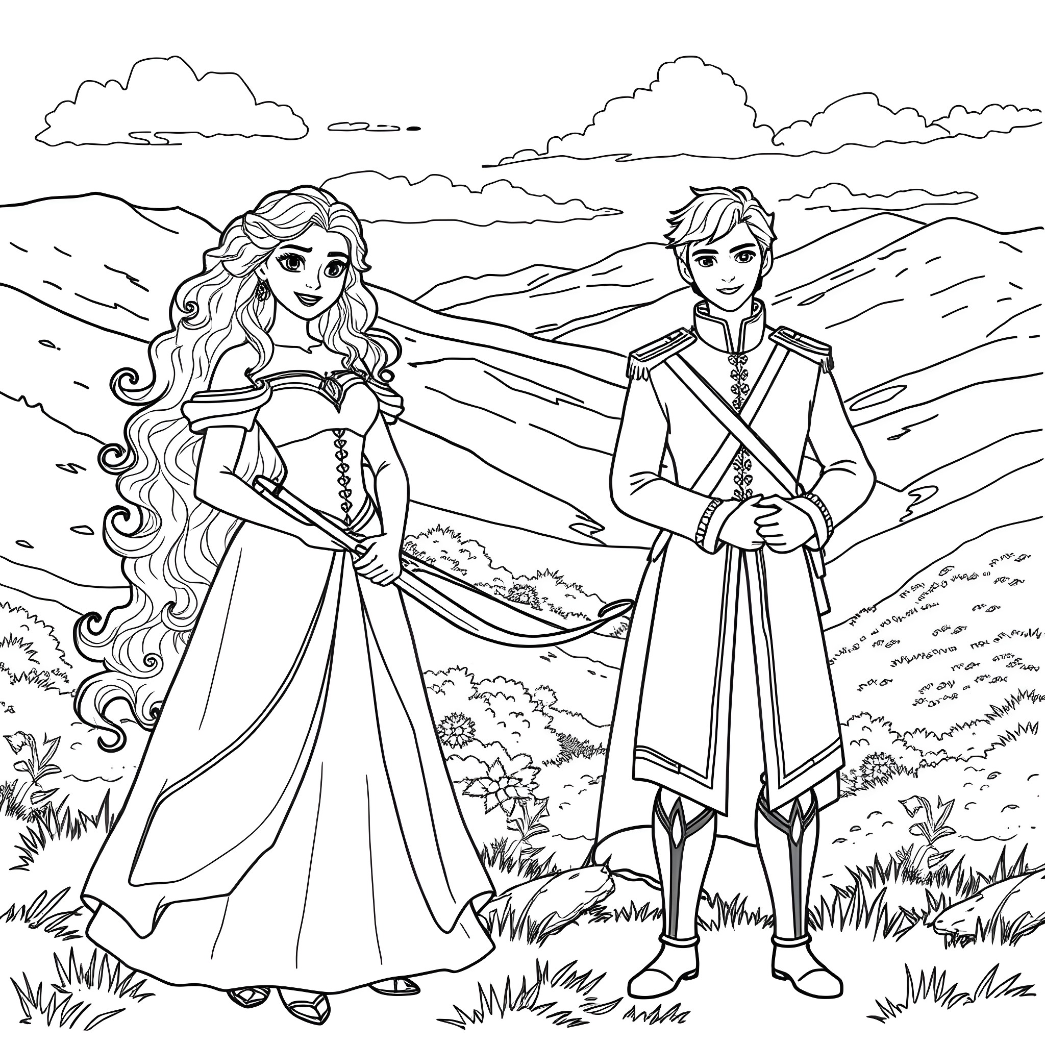Merida and Prince Exploring the Scenic Countryside Coloring Page (free black-and-white line drawing printable PDF for all, from beginners to advanced learners, including children, teens, adults, and seniors)