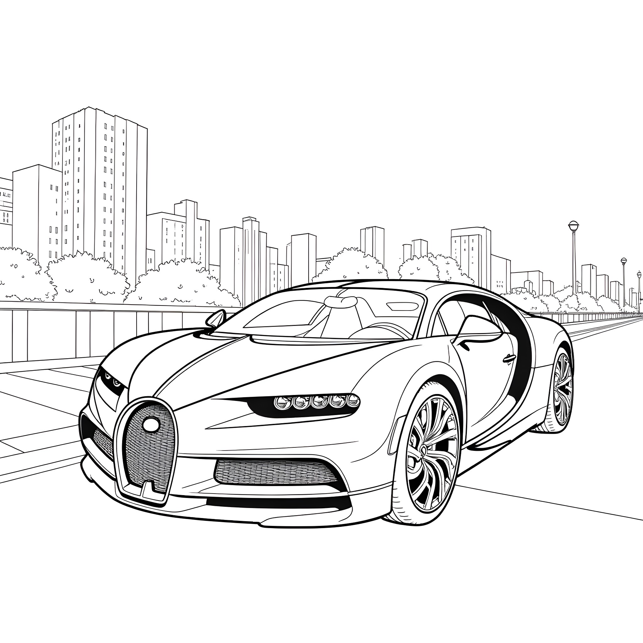Bugatti supercar in the city skyline Coloring Page (free black-and-white line drawing printable PDF for all, from beginners to advanced learners, including children, teens, adults, and seniors)