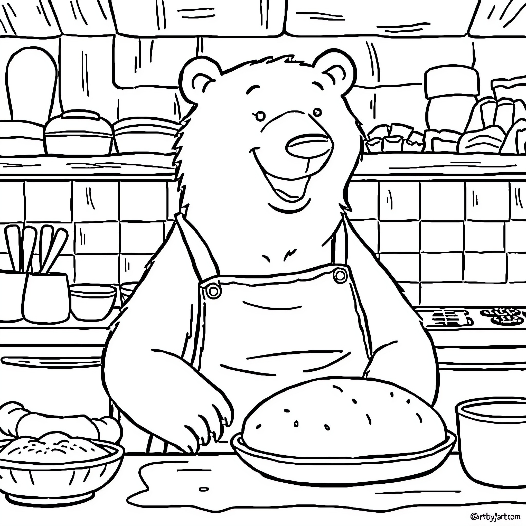 Polar Bear happily cooking in the kitchen Coloring Page (free black-and-white line drawing printable PDF for all, from beginners to advanced learners, including children, teens, adults, and seniors)