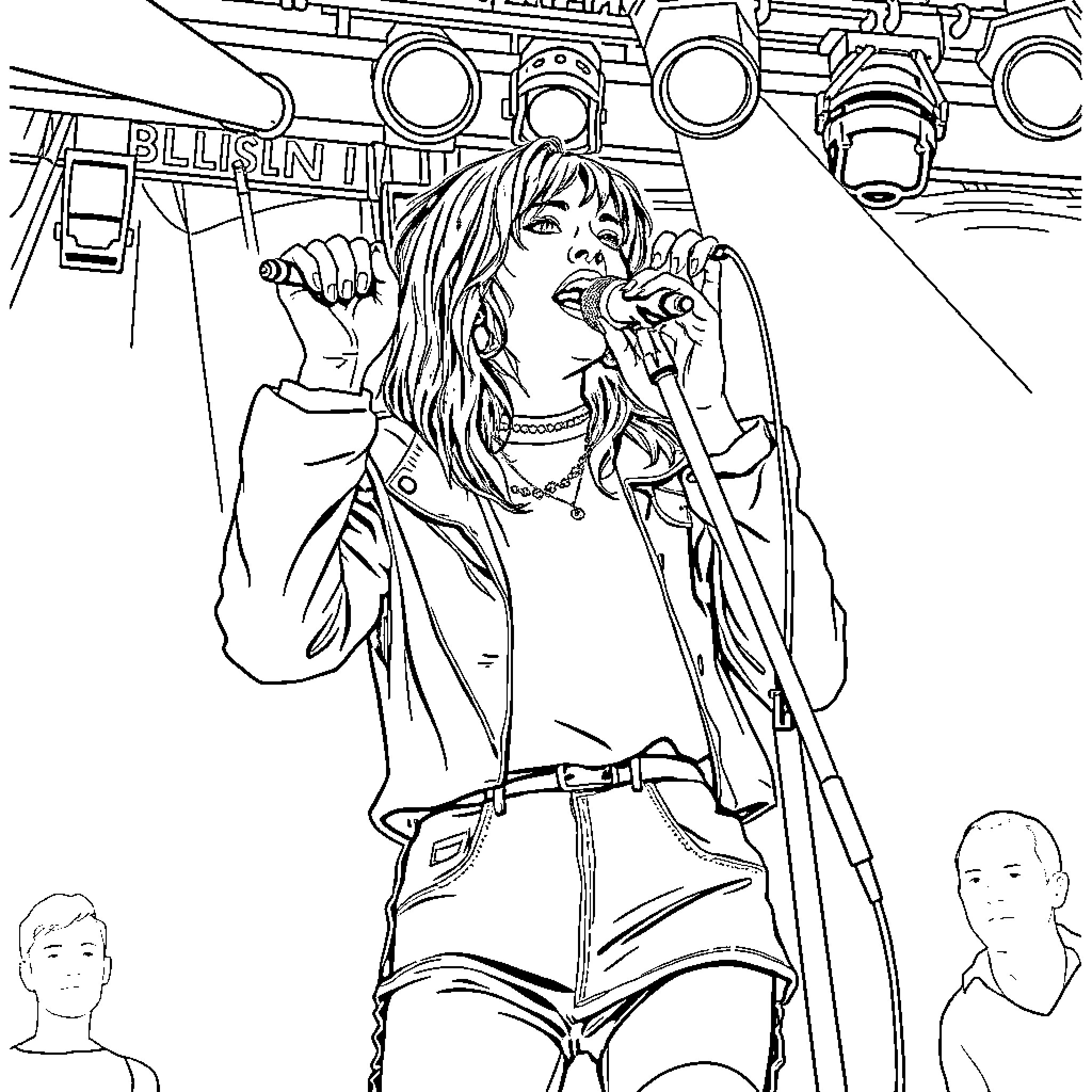 Billie Eilish performing on stage with microphone Coloring Page (free black-and-white line drawing printable PDF for all, from beginners to advanced learners, including children, teens, adults, and seniors)