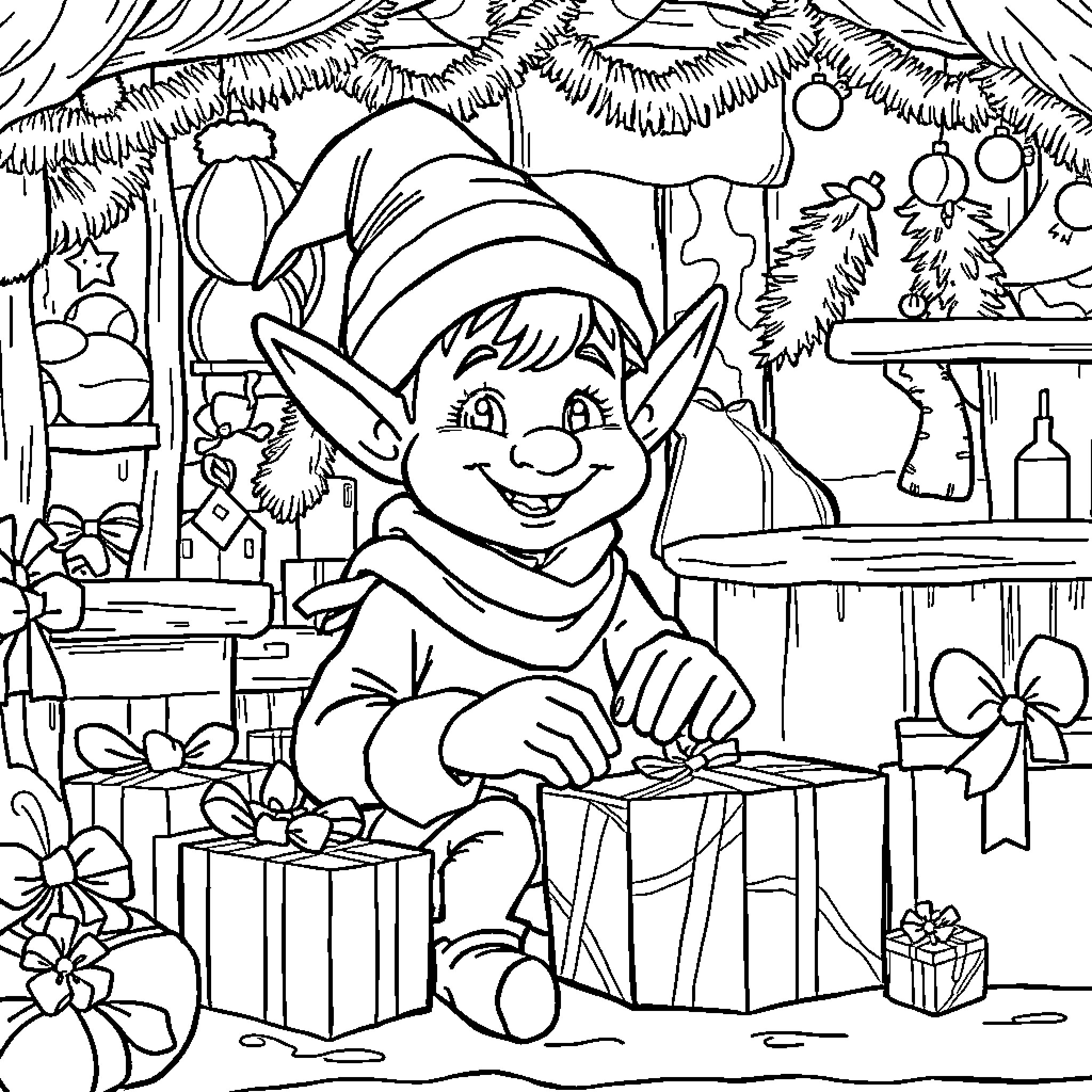 Elf enjoying the festive scene with gifts and decorations Coloring Page (free black-and-white line drawing printable PDF for all, from beginners to advanced learners, including children, teens, adults, and seniors)
