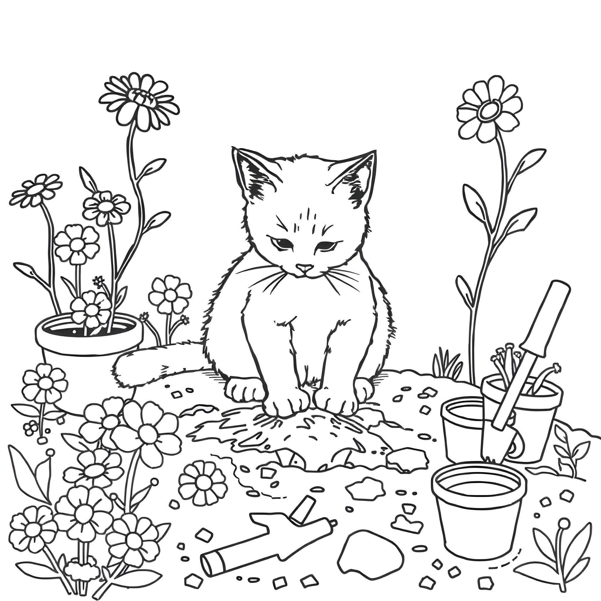 Cat sitting amidst flowers and gardening tools Coloring Page (free black-and-white line drawing printable PDF for all, from beginners to advanced learners, including children, teens, adults, and seniors)