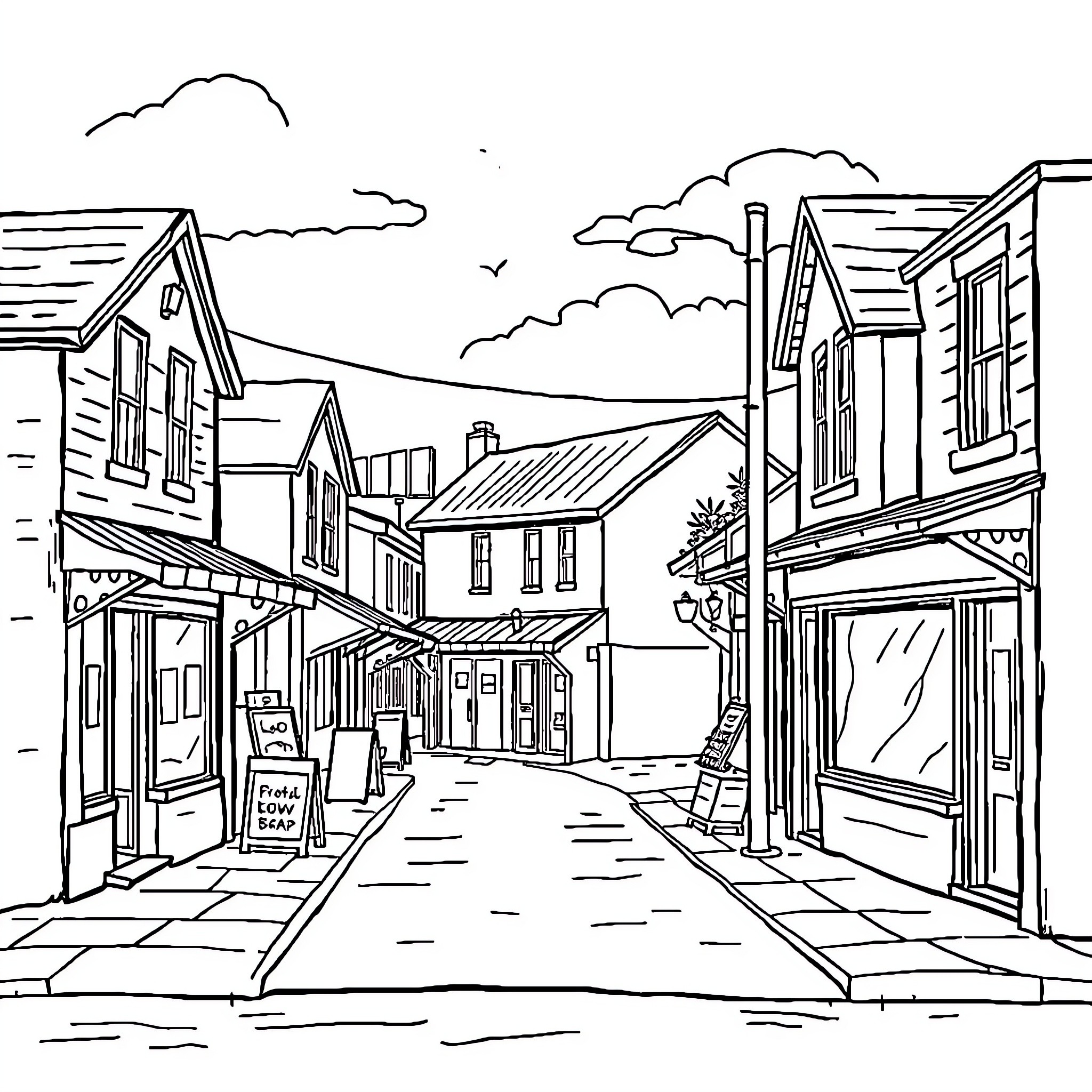 Shop Old Town Market Street Scene Coloring Page (free black-and-white line drawing printable PDF for all, from beginners to advanced learners, including children, teens, adults, and seniors)