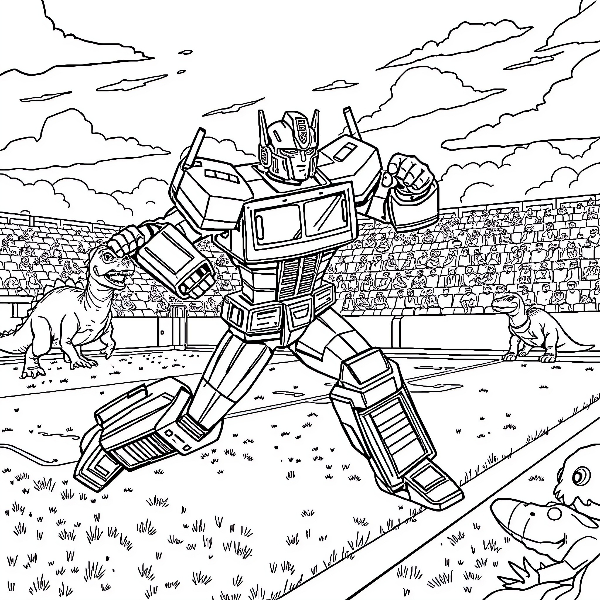 Optimus Prime robot in an action scene Coloring Page (free black-and-white line drawing printable PDF for all, from beginners to advanced learners, including children, teens, adults, and seniors)