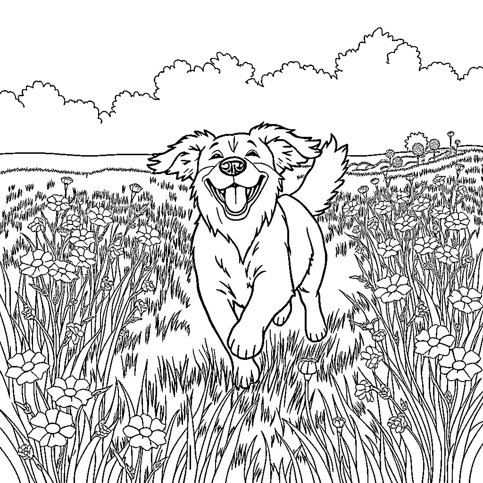 Dog running happily through a flower-filled meadow Coloring Page (free black-and-white line drawing printable PDF for all, from beginners to advanced learners, including children, teens, adults, and seniors)