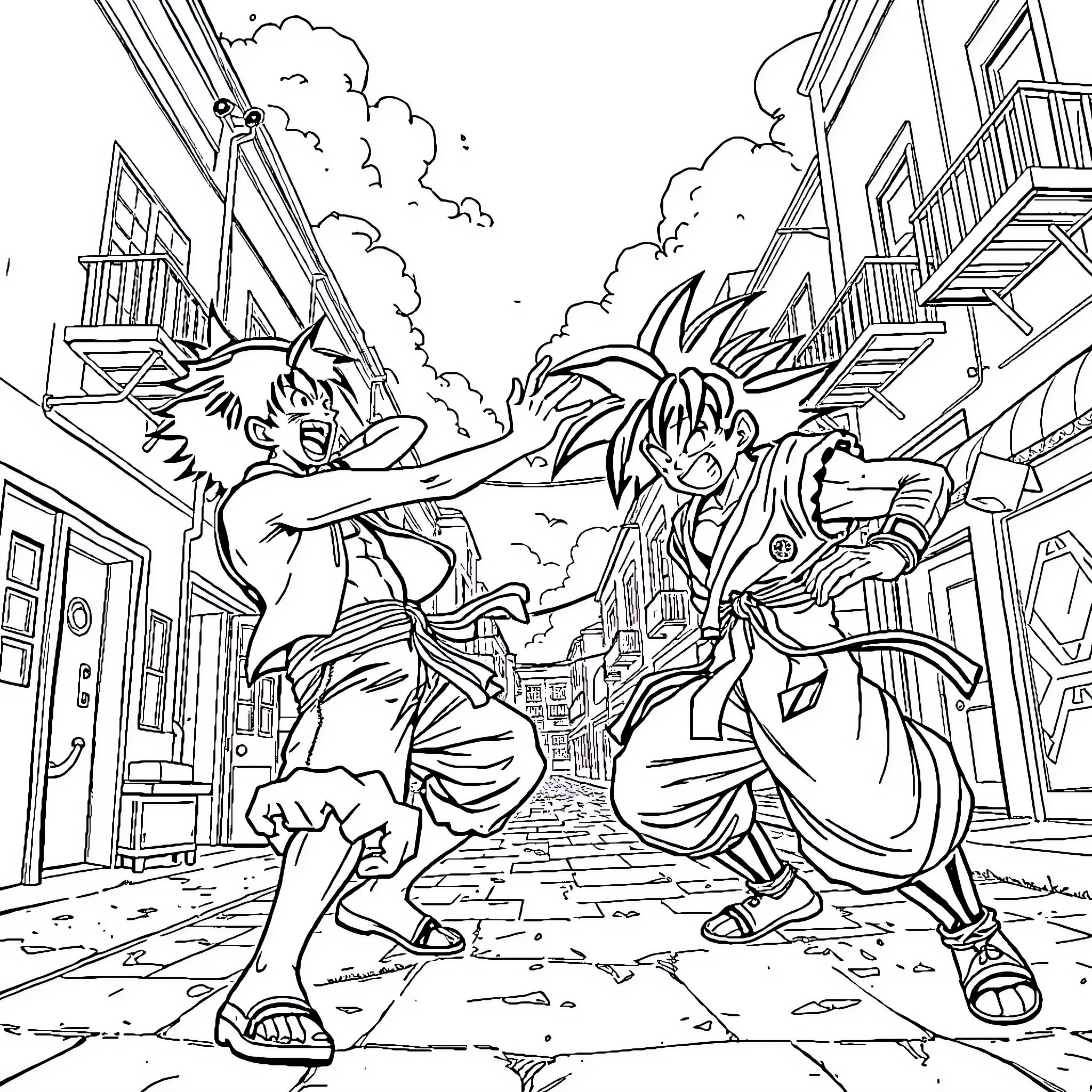 Luffy and friends in an epic battle pose Coloring Page (free black-and-white line drawing printable PDF for all, from beginners to advanced learners, including children, teens, adults, and seniors)