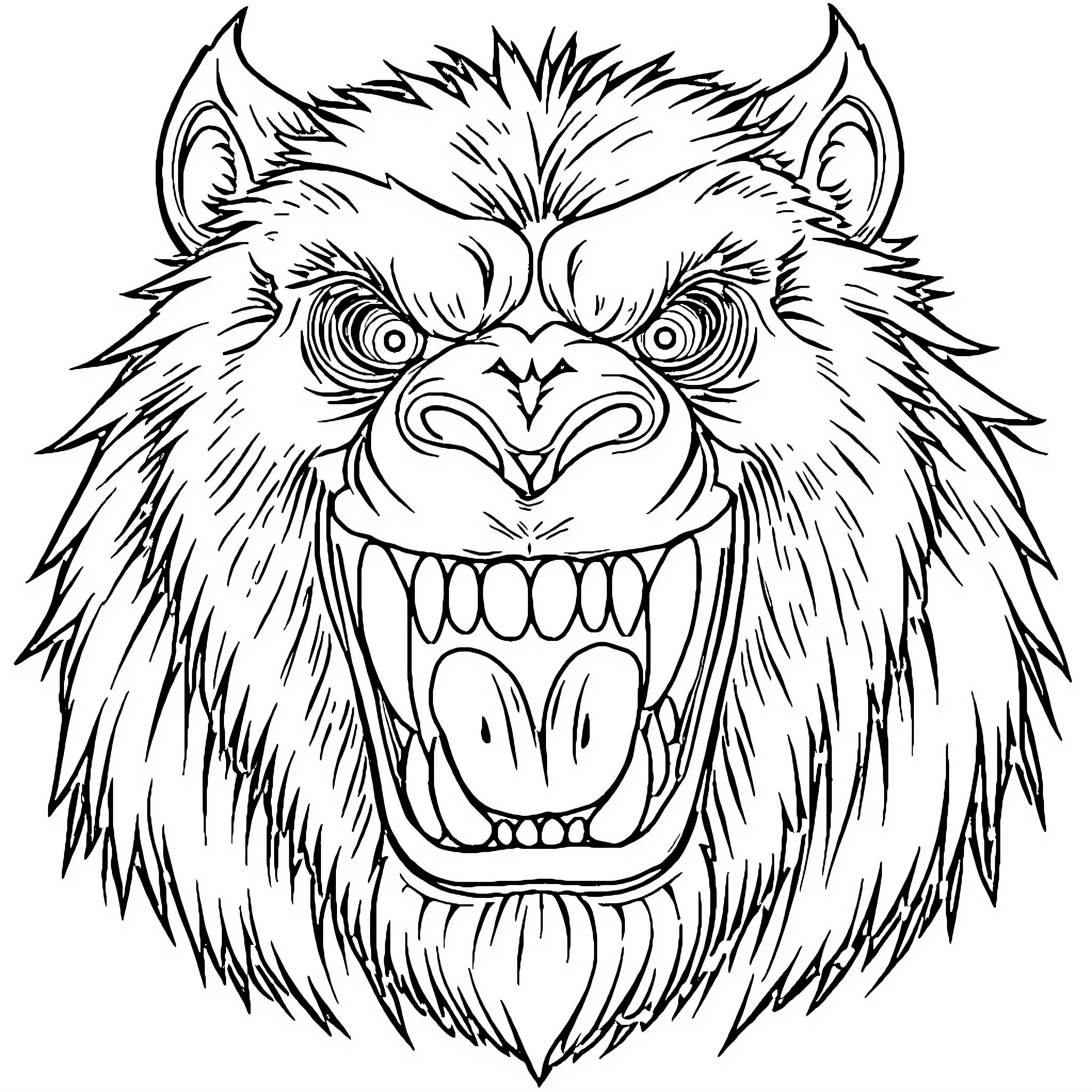 Monster Ferocious Growling Beast Coloring Page (free black-and-white line drawing printable PDF for all, from beginners to advanced learners, including children, teens, adults, and seniors)