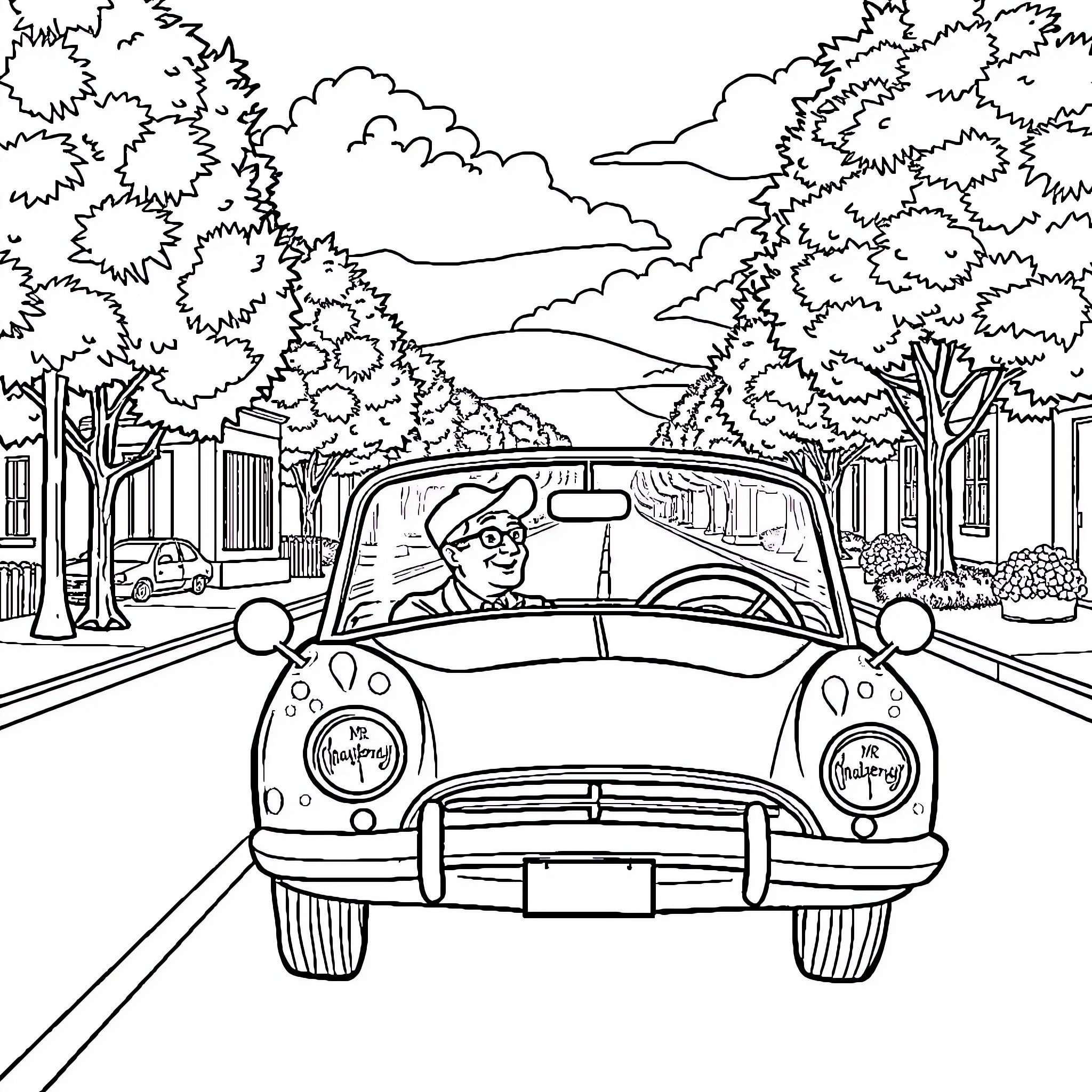 Mr. Mayberry drives through a quaint town in his classic car Coloring Page (free black-and-white line drawing printable PDF for all, from beginners to advanced learners, including children, teens, adults, and seniors)
