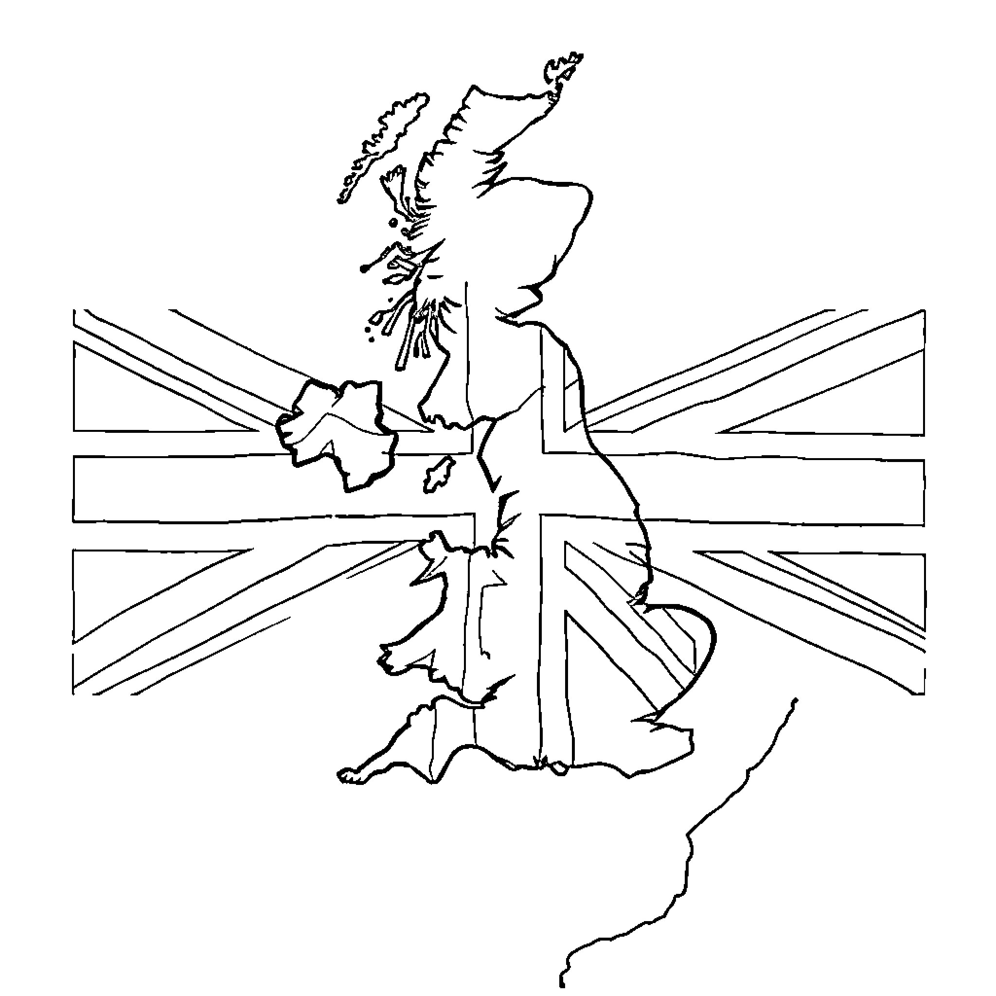 UK Flag Outline with Abstract Designs Coloring Page (free black-and-white line drawing printable PDF for all, from beginners to advanced learners, including children, teens, adults, and seniors)