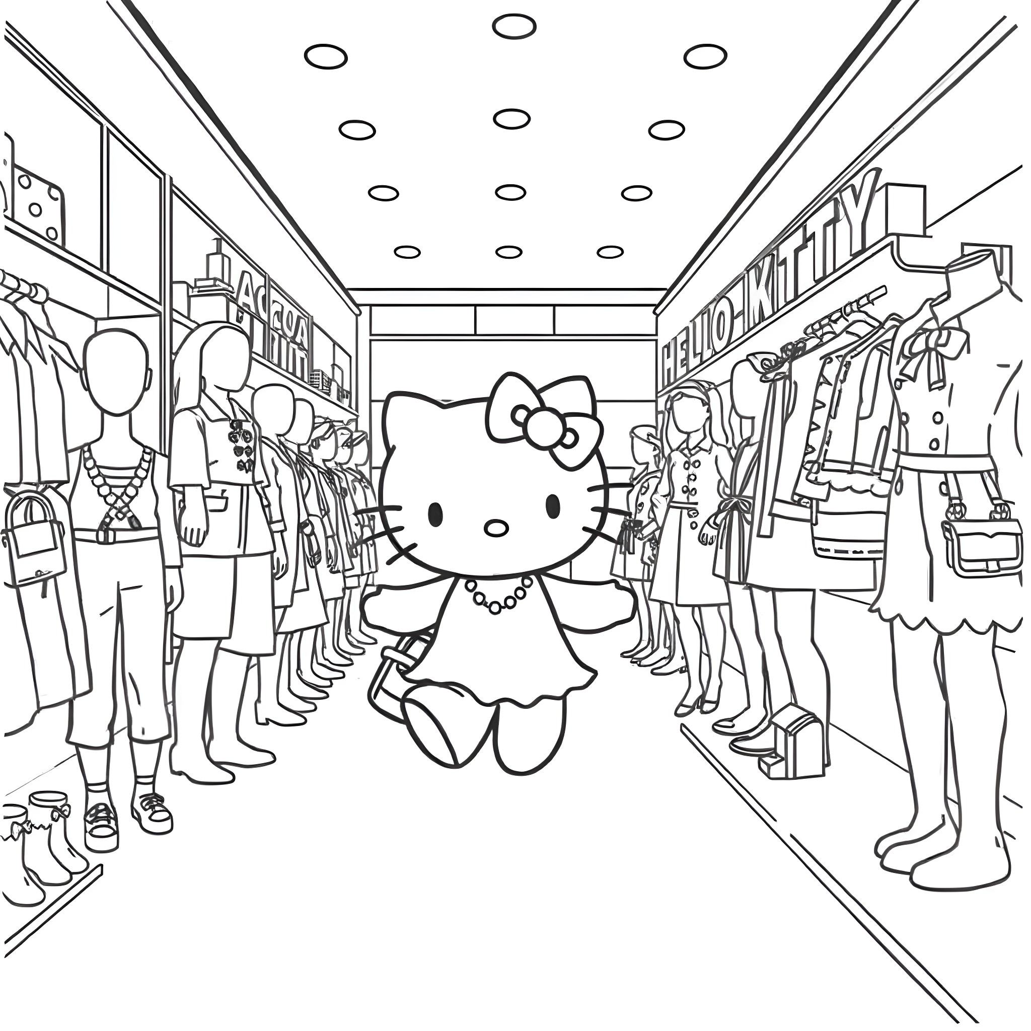 Hello Kitty exploring a fashion boutique Coloring Page (free black-and-white line drawing printable PDF for all, from beginners to advanced learners, including children, teens, adults, and seniors)