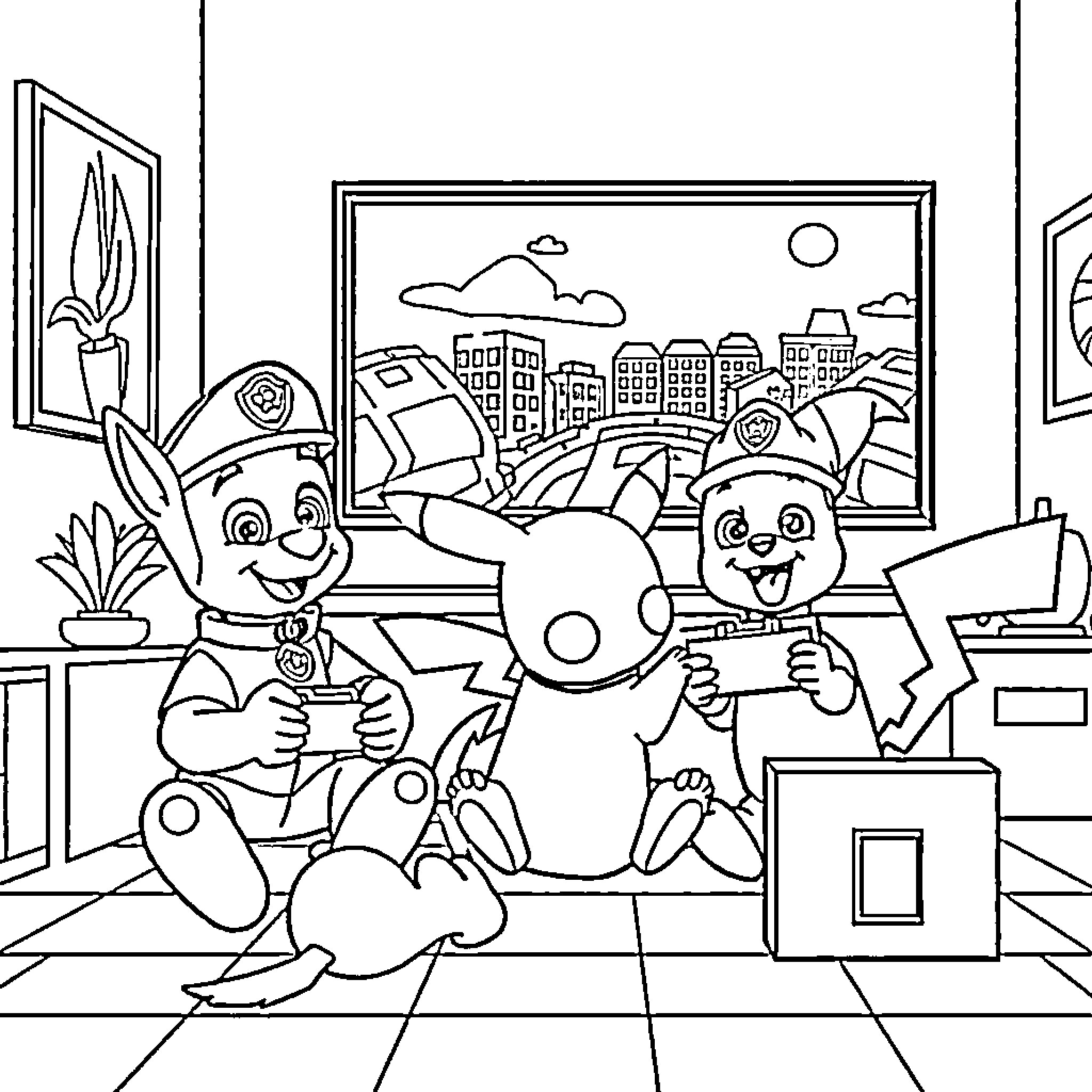 Paw Patrol Characters Enjoying Fun Activities Coloring Page (free black-and-white line drawing printable PDF for all, from beginners to advanced learners, including children, teens, adults, and seniors)