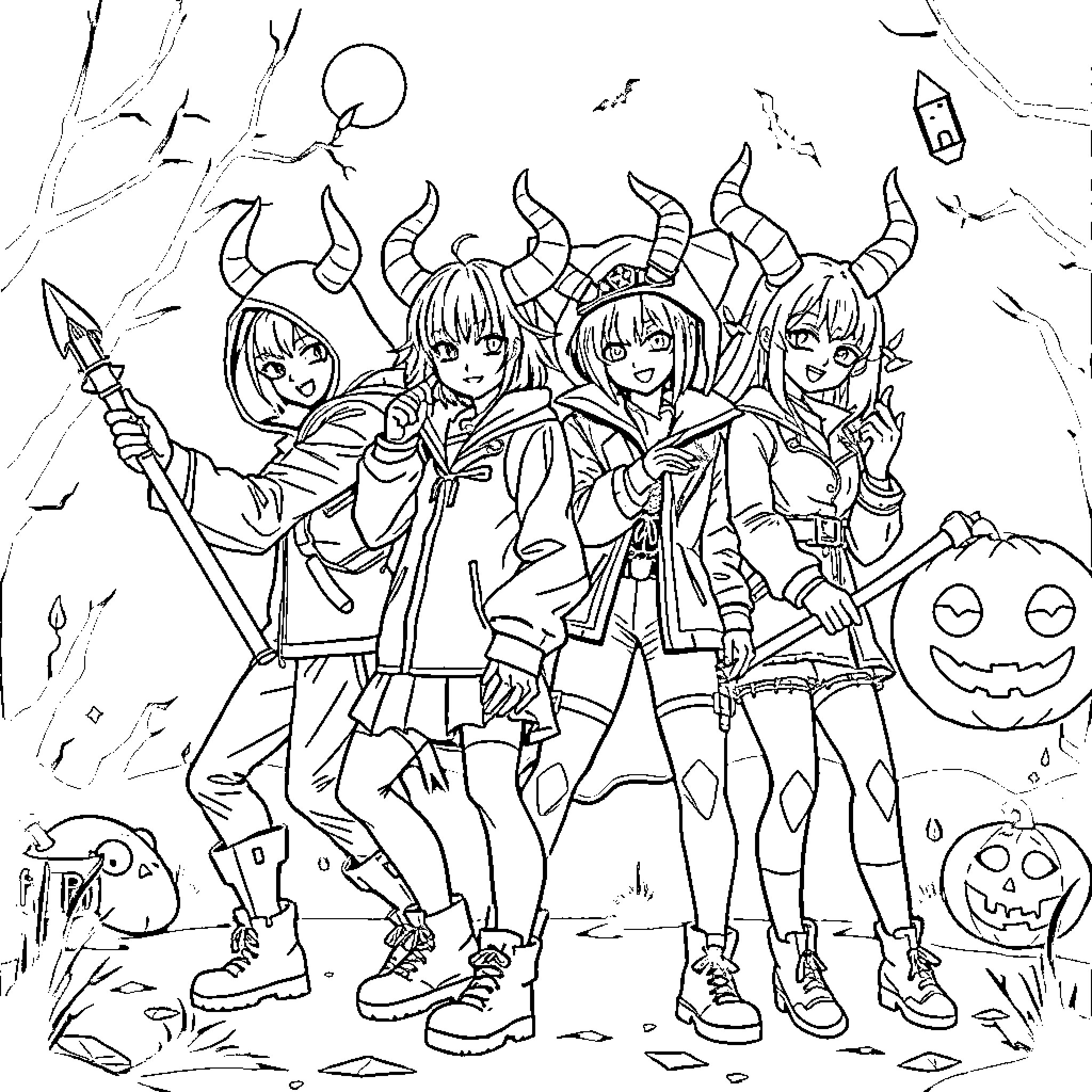 Kpop Demon Hunter Squad in Spooky Attire Coloring Page (free black-and-white line drawing printable PDF for all, from beginners to advanced learners, including children, teens, adults, and seniors)