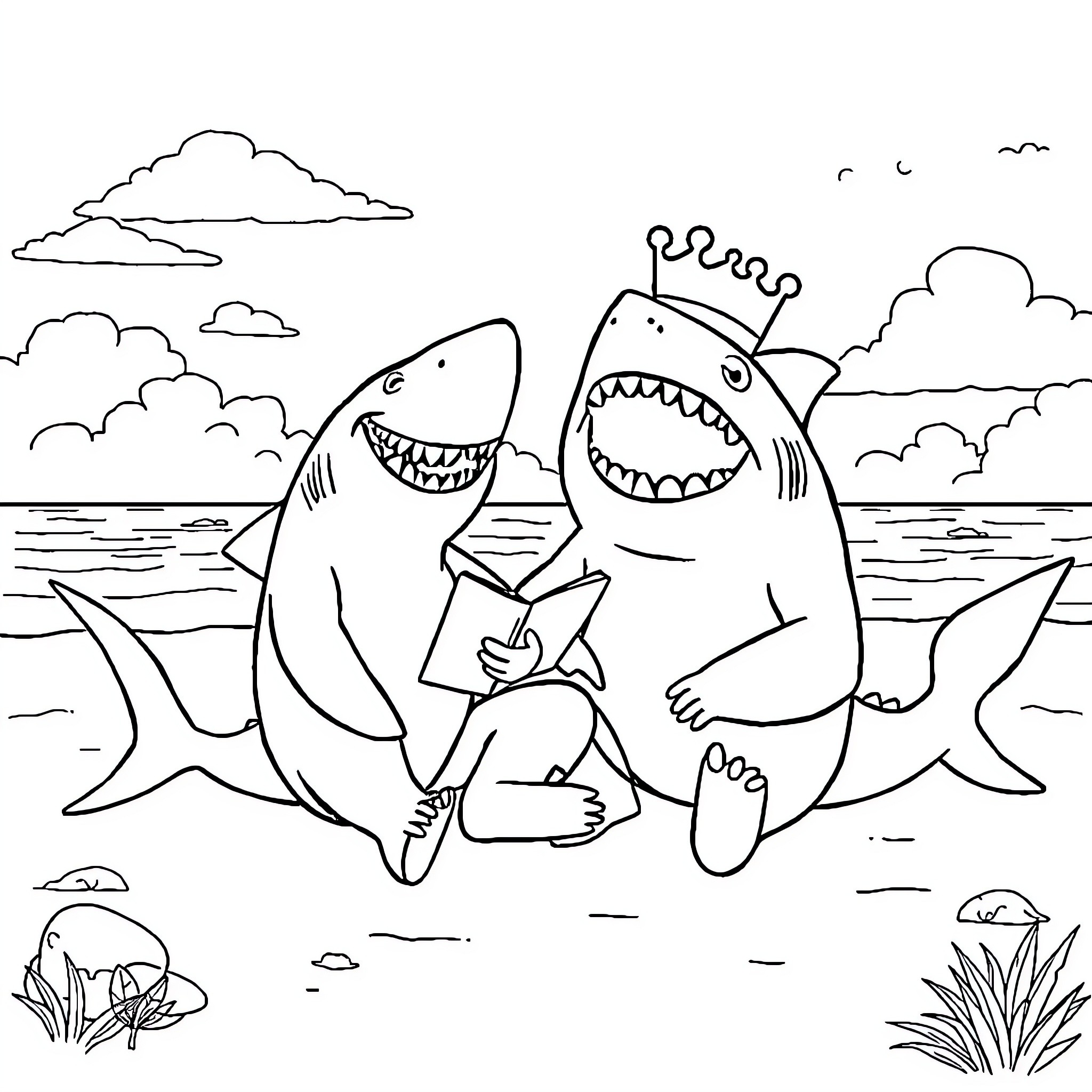 Shark family enjoying a day at the beach Coloring Page (free black-and-white line drawing printable PDF for all, from beginners to advanced learners, including children, teens, adults, and seniors)