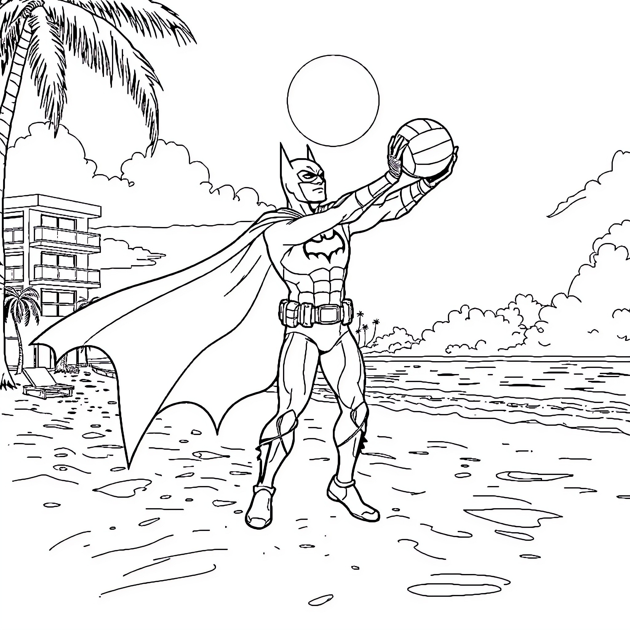 Batman playing volleyball on the beach Coloring Page (free black-and-white line drawing printable PDF for all, from beginners to advanced learners, including children, teens, adults, and seniors)