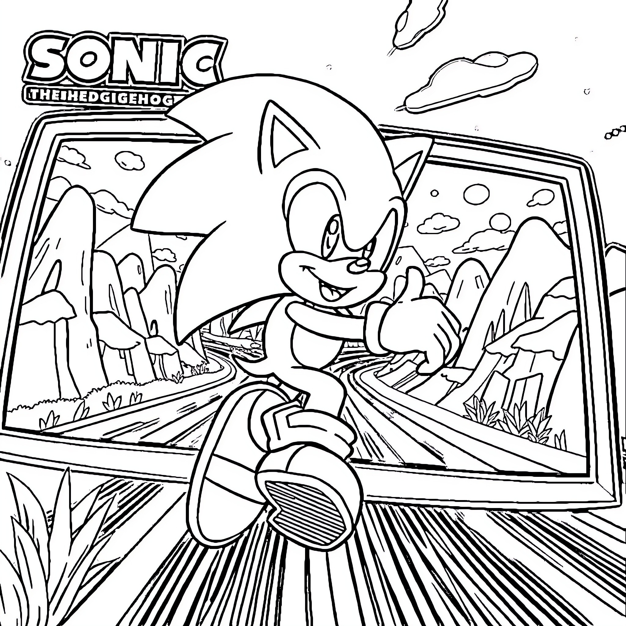 Sonic the Hedgehog running through scenic landscape Coloring Page (free black-and-white line drawing printable PDF for all, from beginners to advanced learners, including children, teens, adults, and seniors)