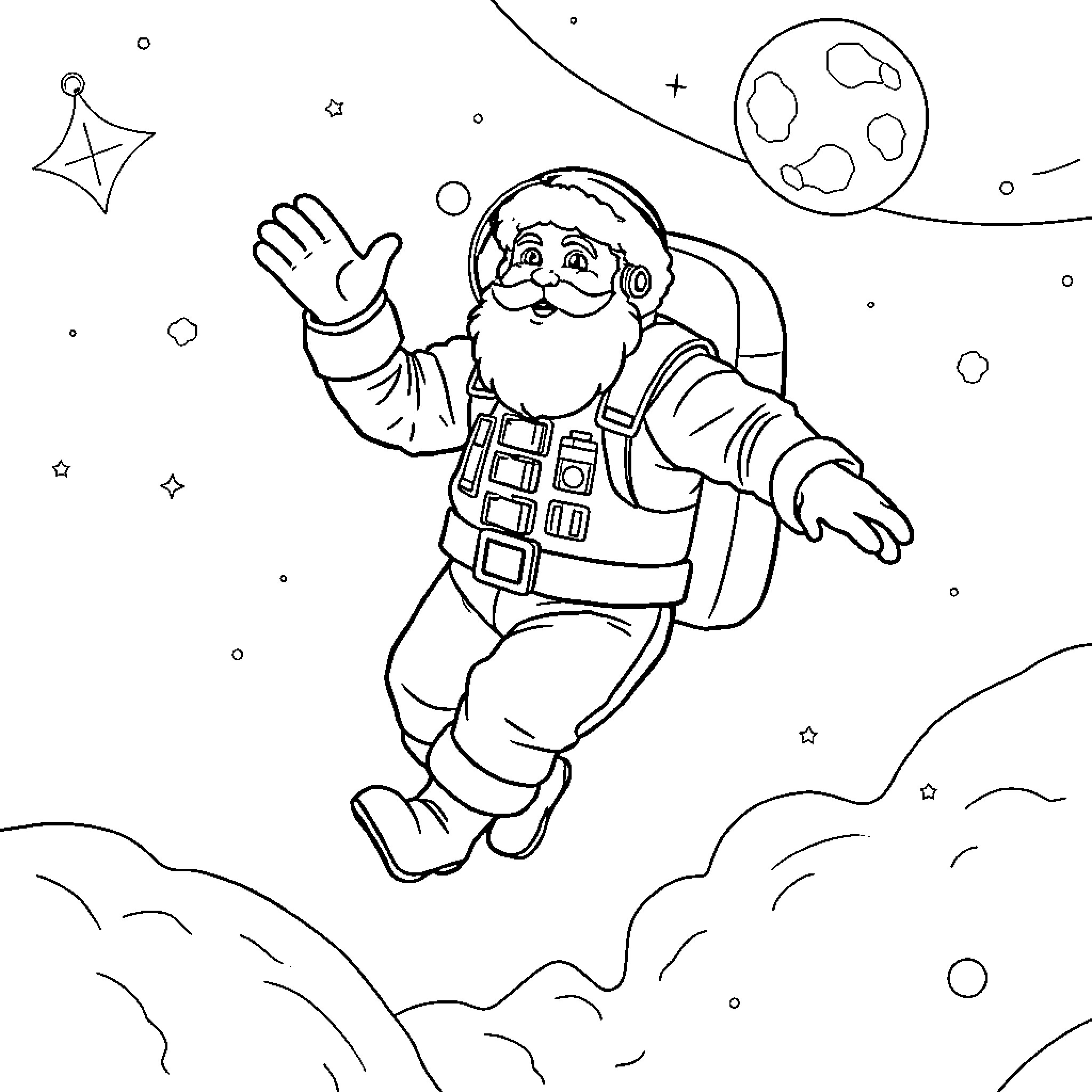 Santa waving in space with moon Coloring Page (free black-and-white line drawing printable PDF for all, from beginners to advanced learners, including children, teens, adults, and seniors)